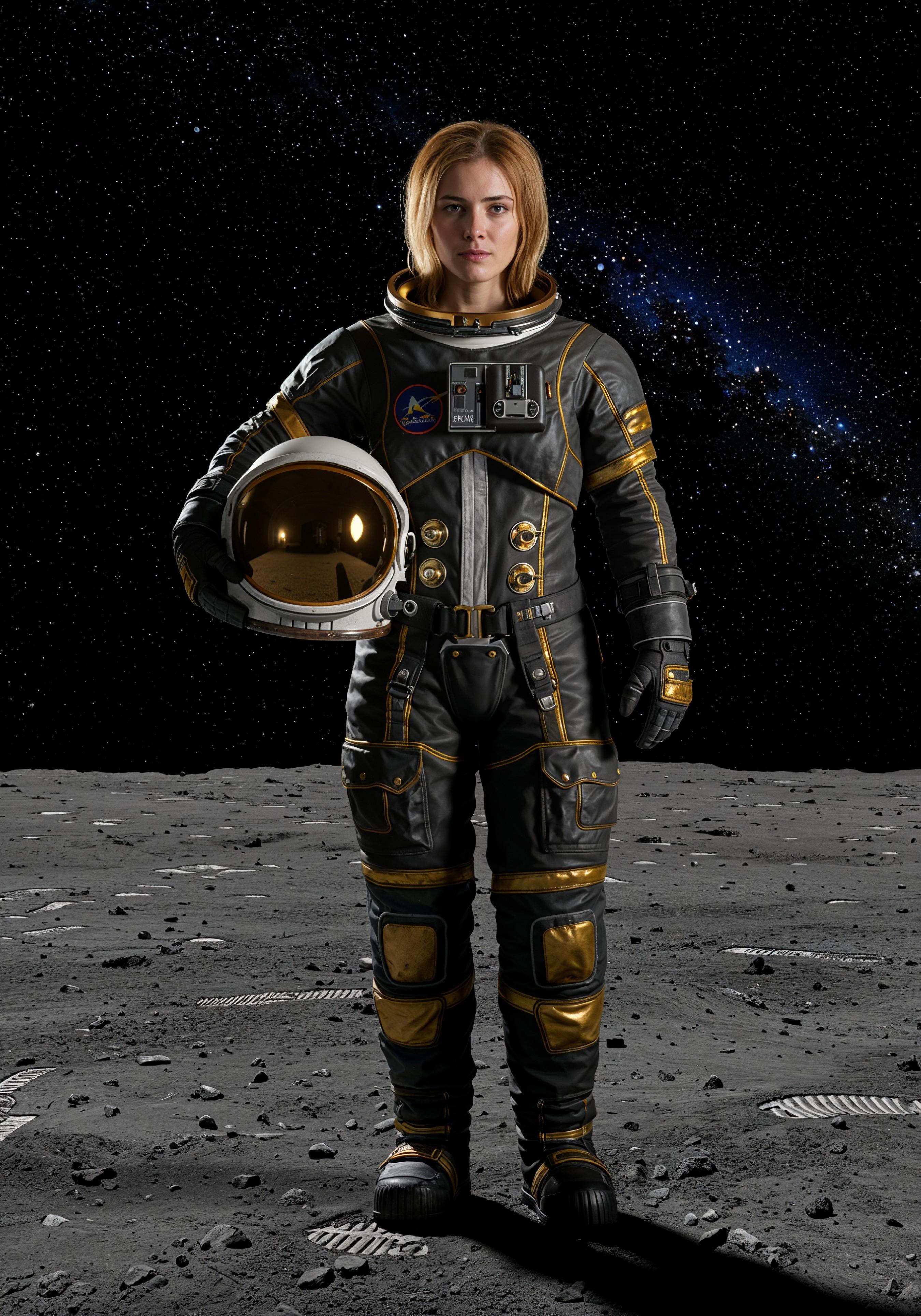 Young Female Astronaut in Spacesuit Standing on Alien Planet and Lunar Surface Landscape