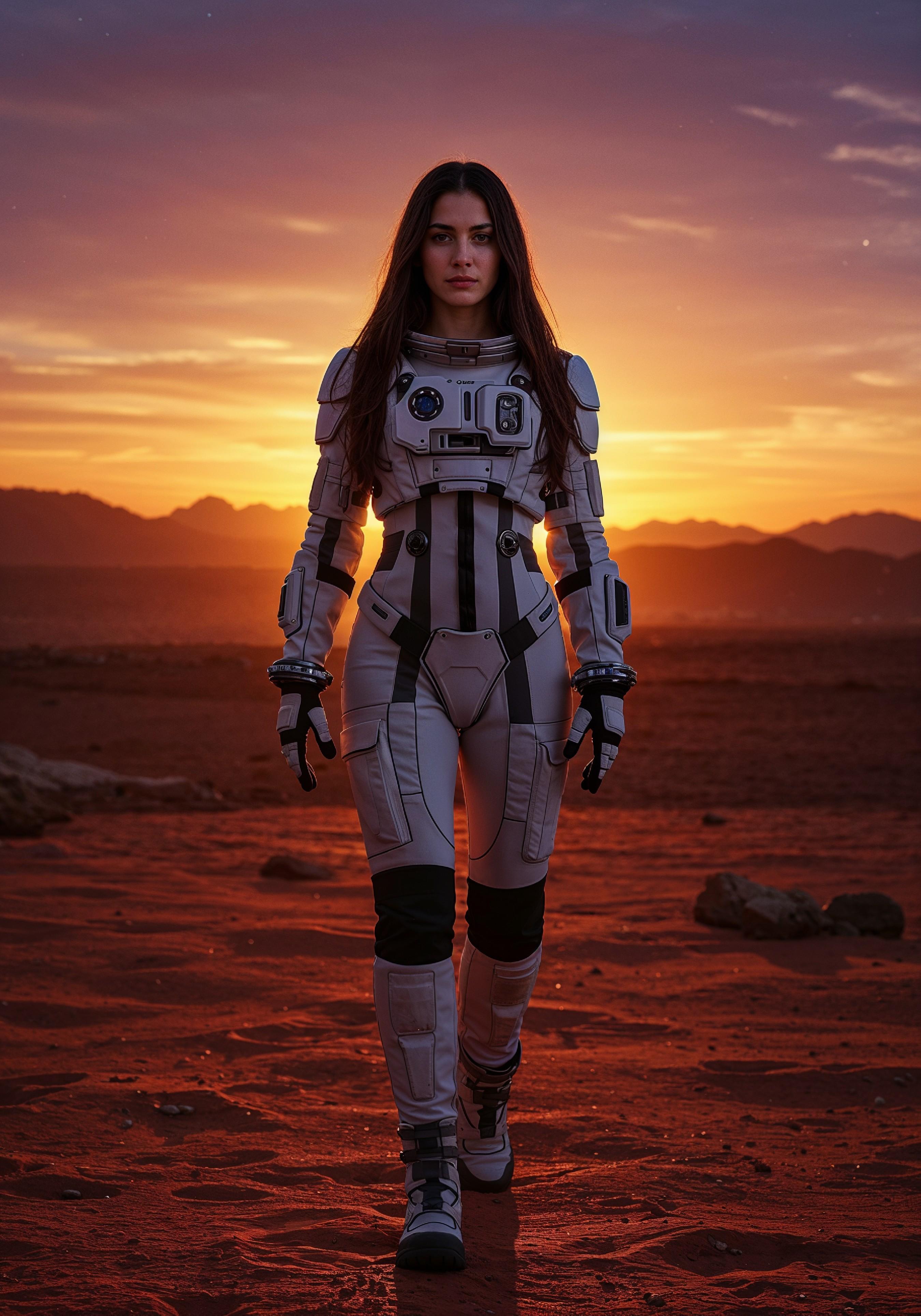 Young Female Astronaut in Spacesuit Standing on Alien Planet and Lunar Surface Landscape