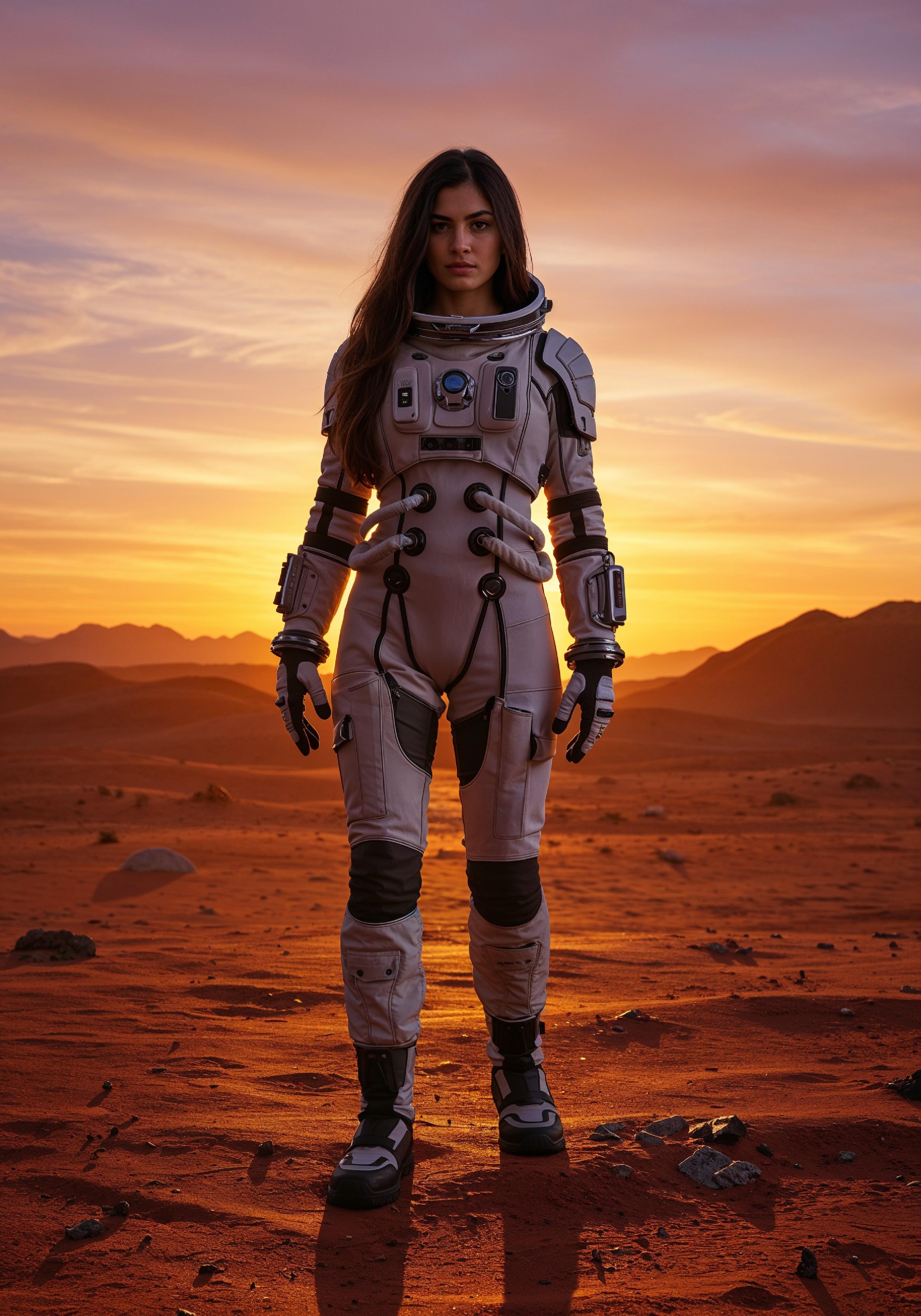 Young Female Astronaut in Spacesuit Standing on Alien Planet and Lunar Surface Landscape