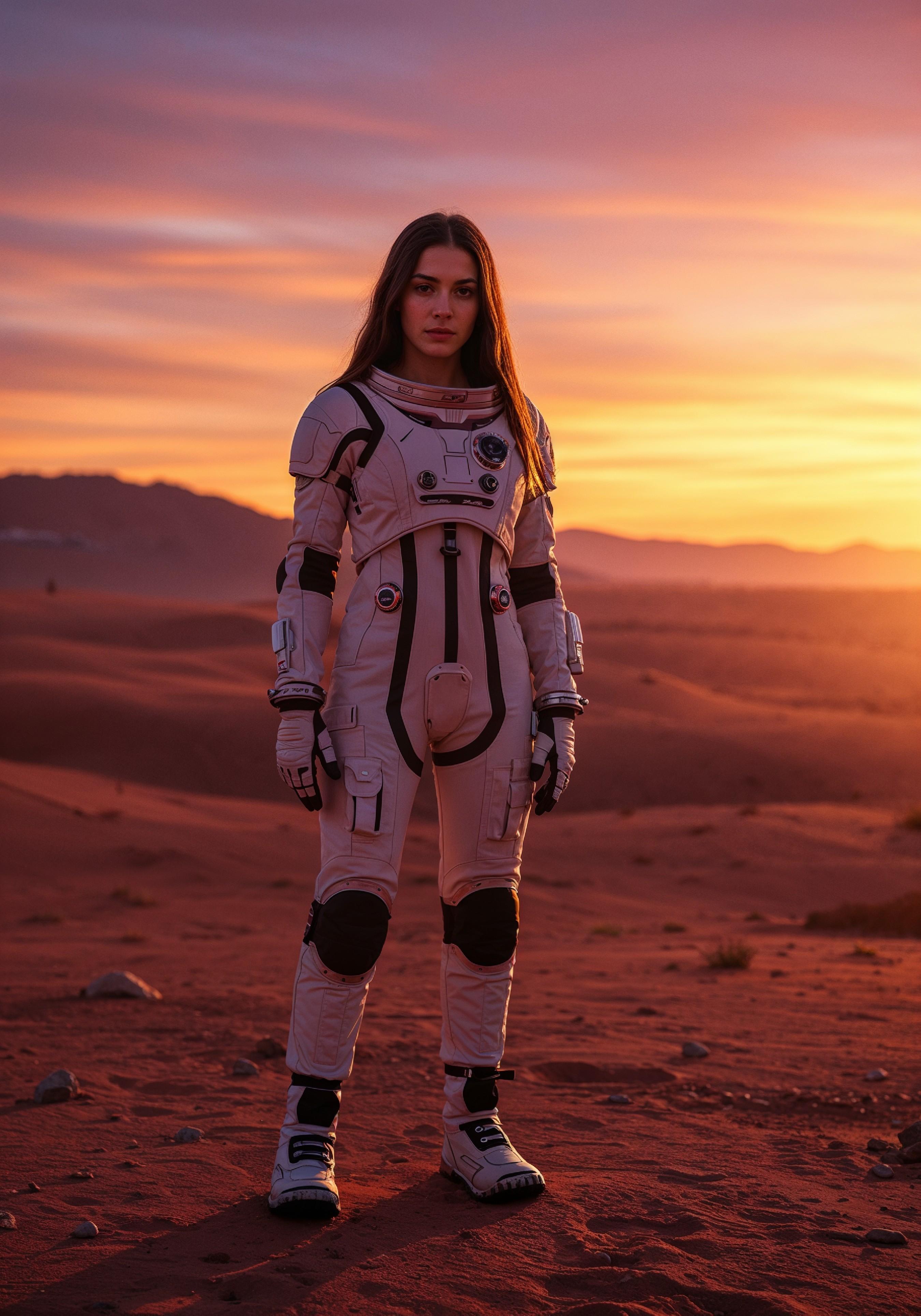 Young Female Astronaut in Spacesuit Standing on Alien Planet and Lunar Surface Landscape