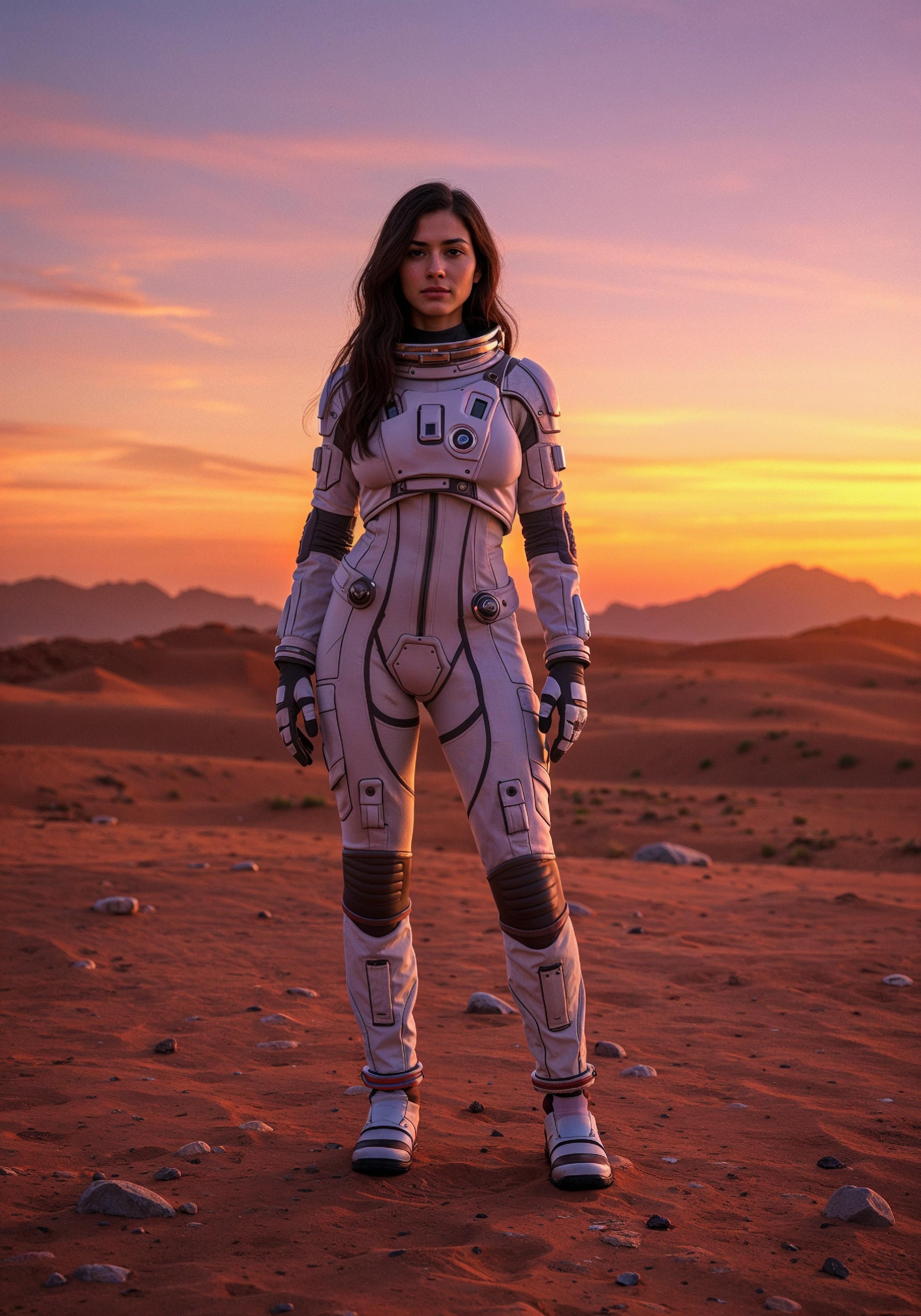 Young Female Astronaut in Spacesuit Standing on Alien Planet and Lunar Surface Landscape