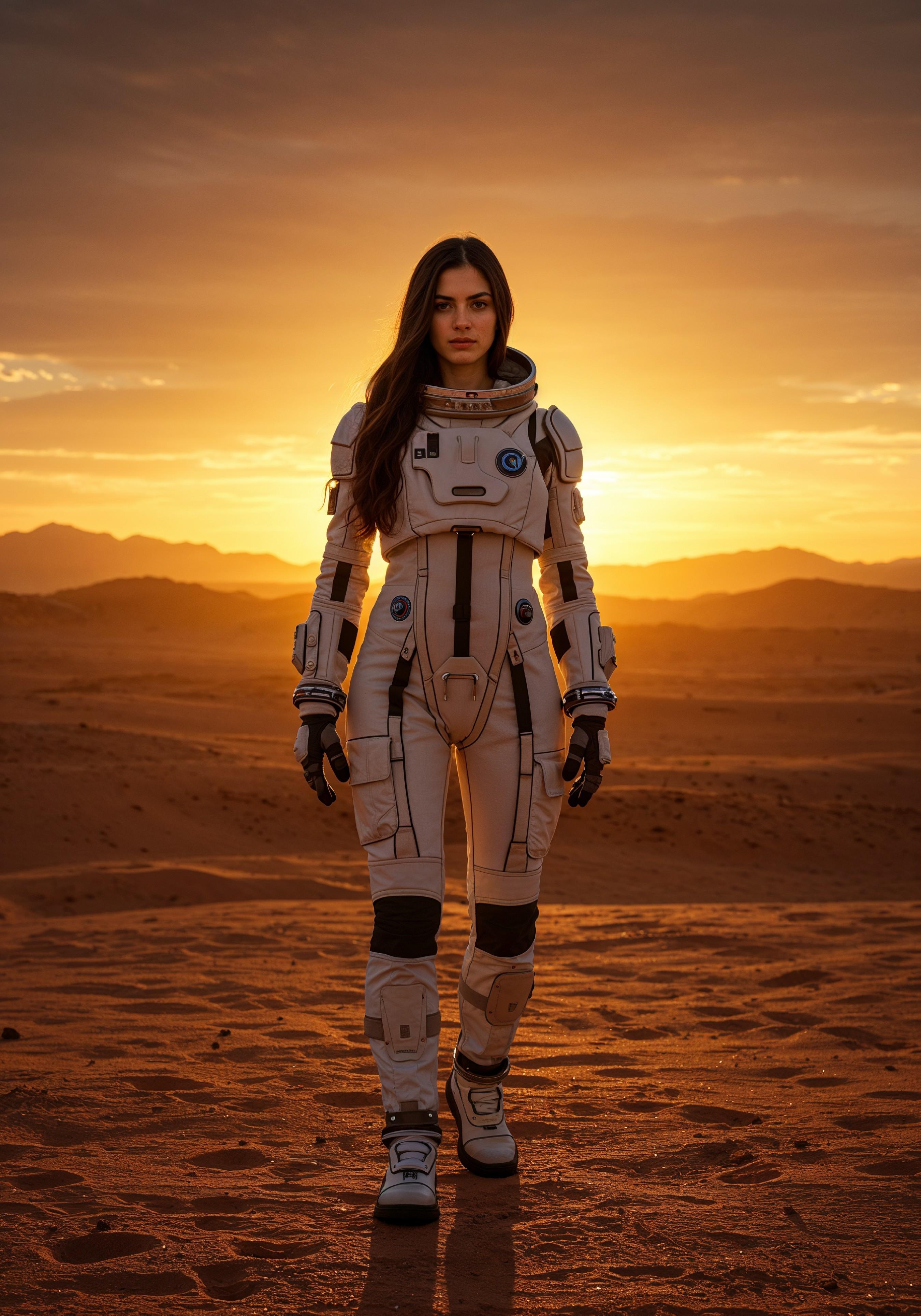Young Female Astronaut in Spacesuit Standing on Alien Planet and Lunar Surface Landscape