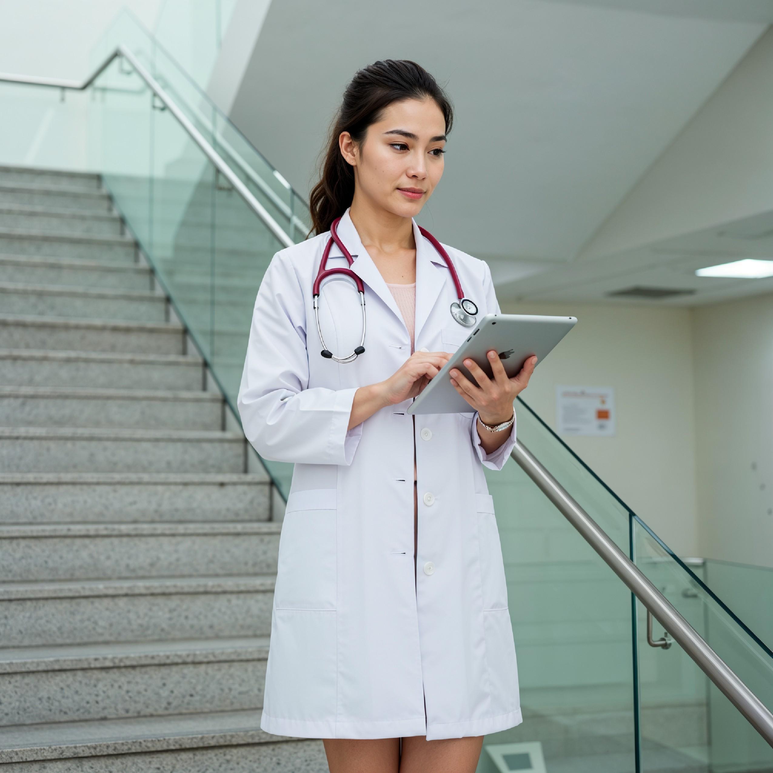 Young Female Doctor in Modern Hospital Wearing Medical Scrubs and Lab Coat Portrait