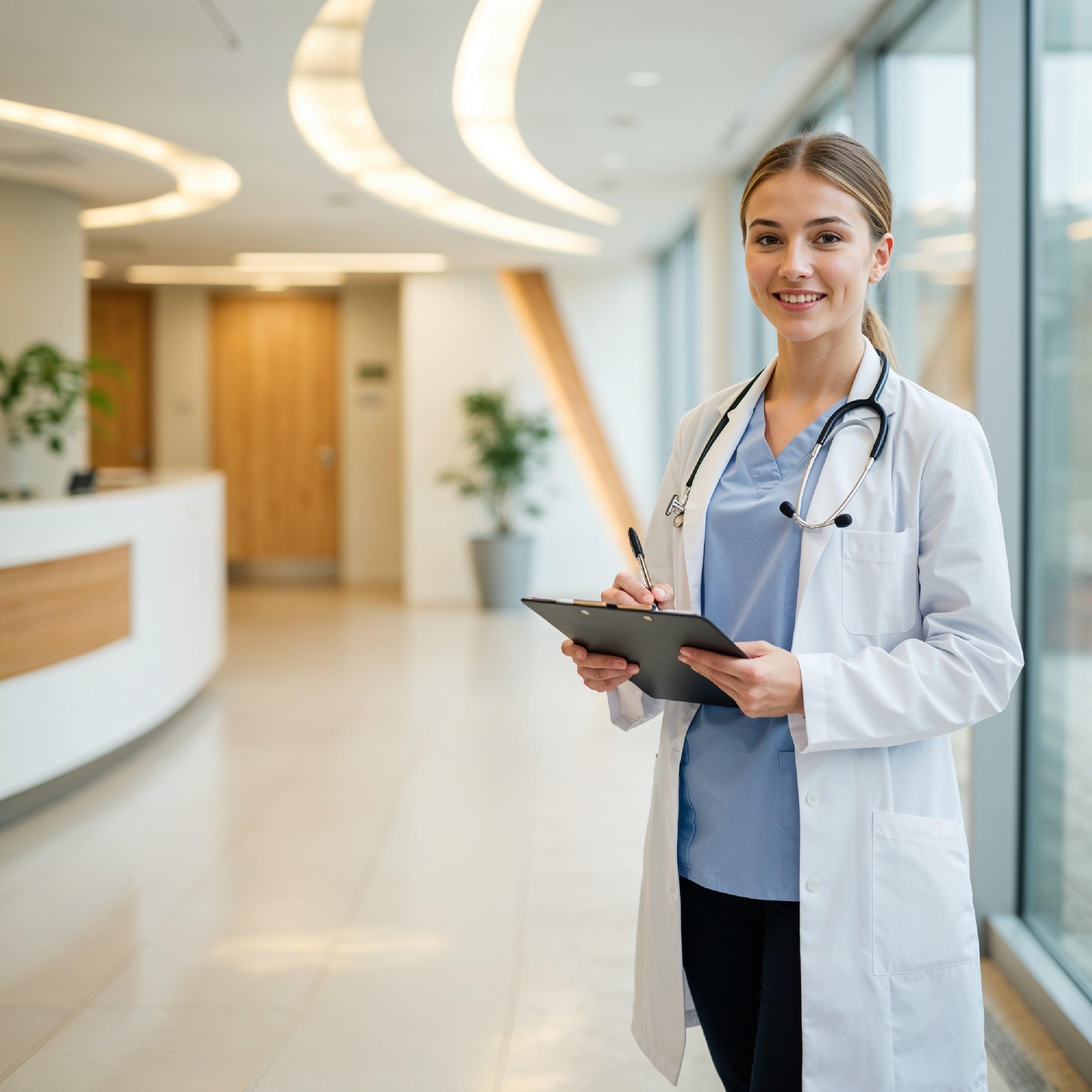 Young Female Doctor in Modern Hospital Wearing Medical Scrubs and Lab Coat Portrait