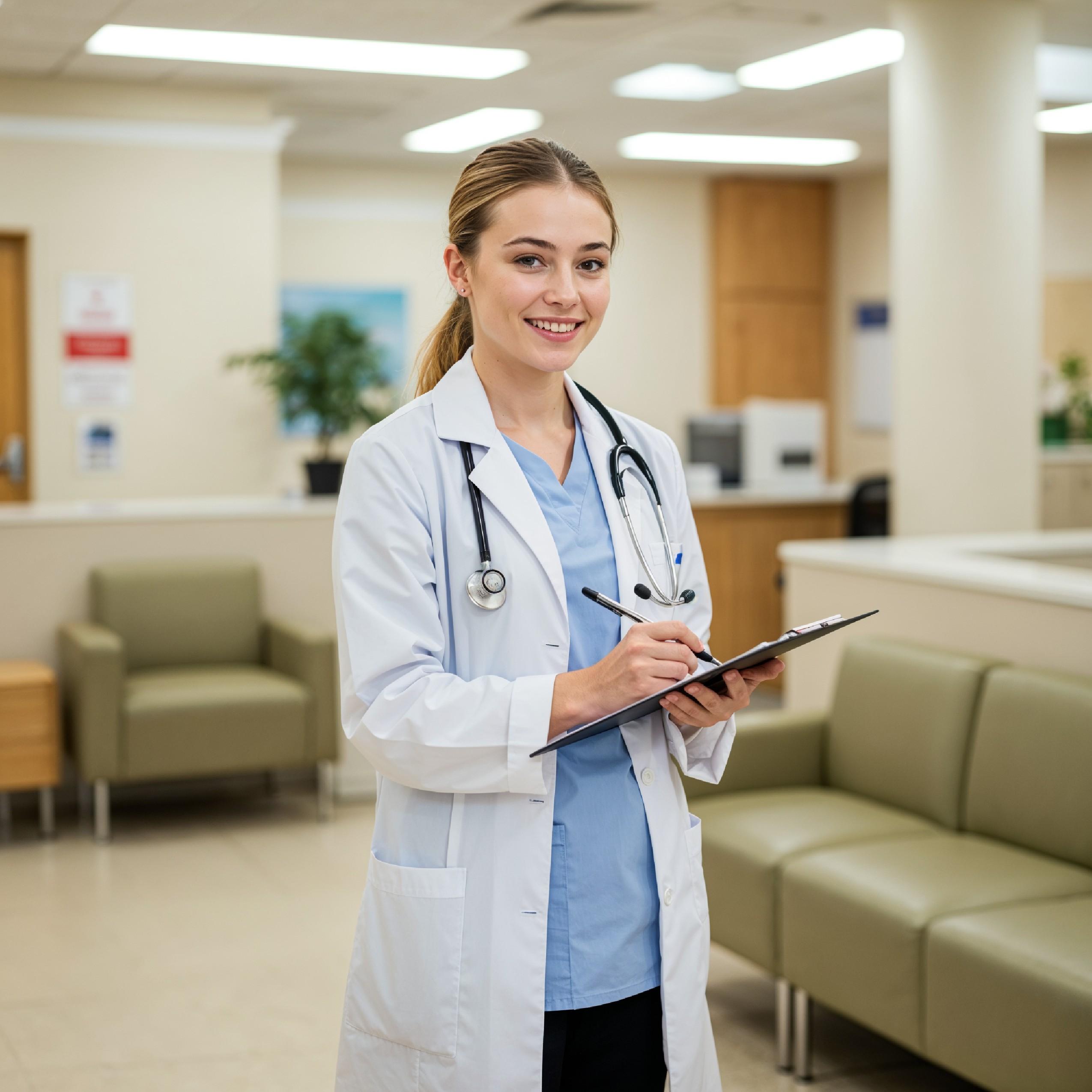 Young Female Doctor in Modern Hospital Wearing Medical Scrubs and Lab Coat Portrait