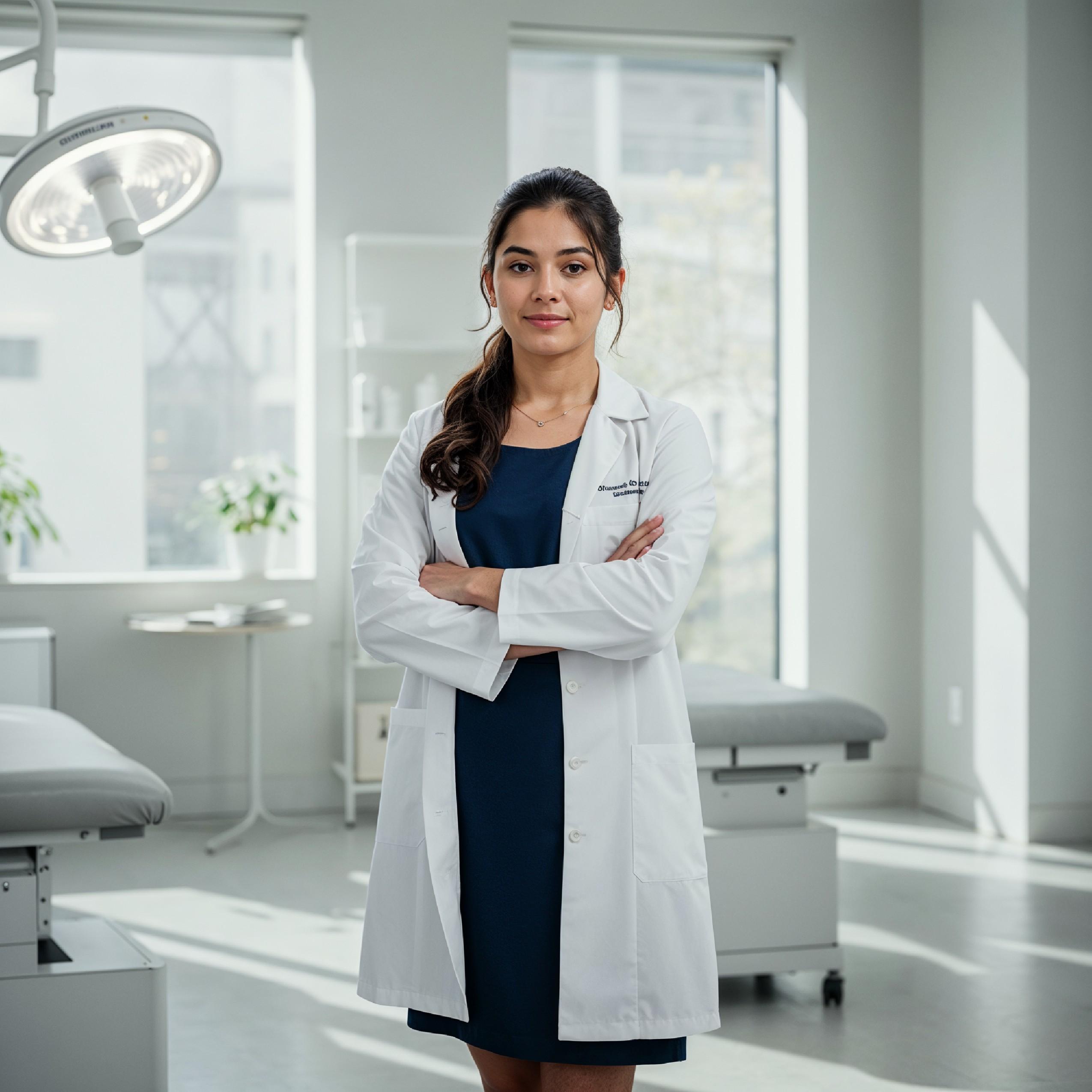 Young Female Doctor in Modern Hospital Wearing Medical Scrubs and Lab Coat Portrait