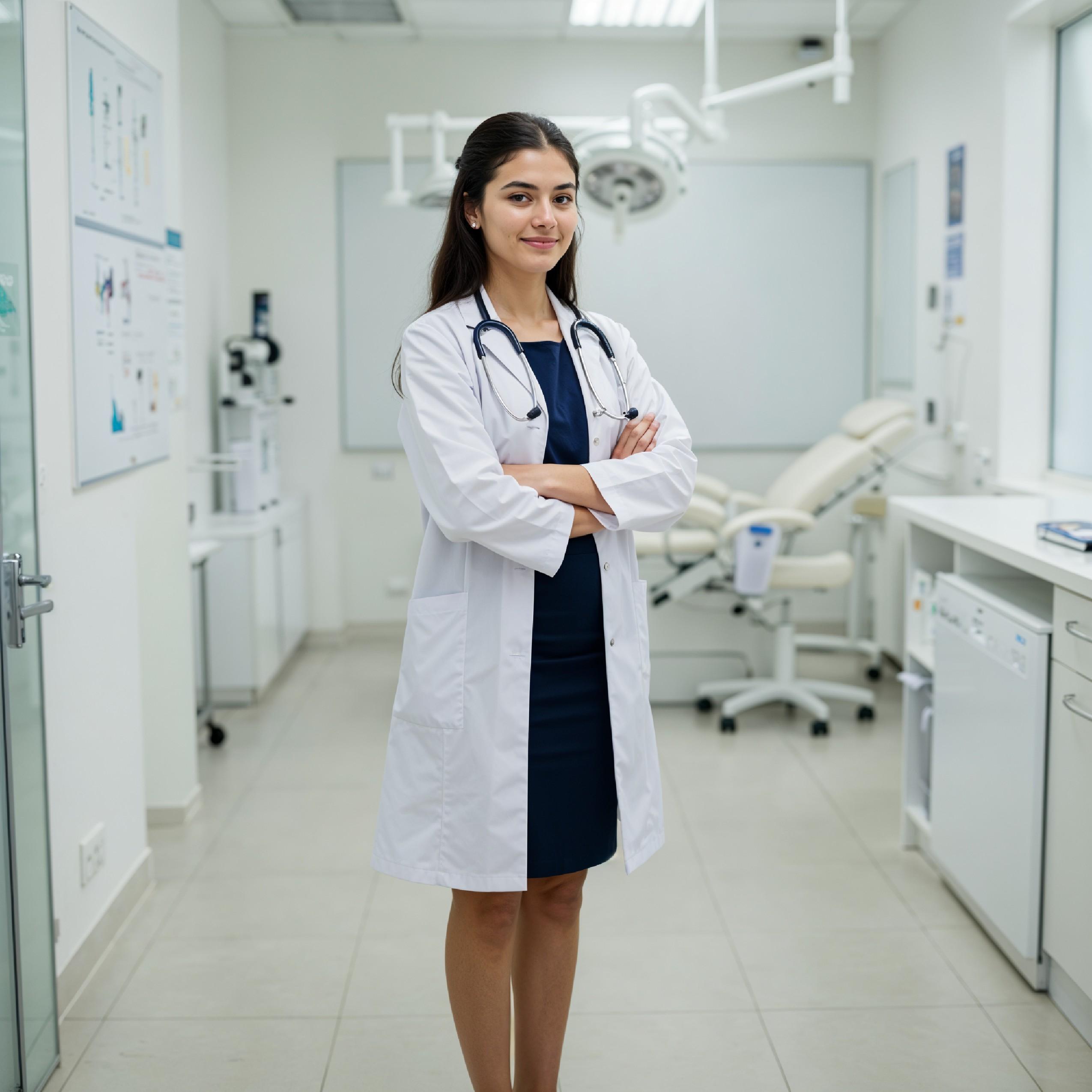 Young Female Doctor in Modern Hospital Wearing Medical Scrubs and Lab Coat Portrait