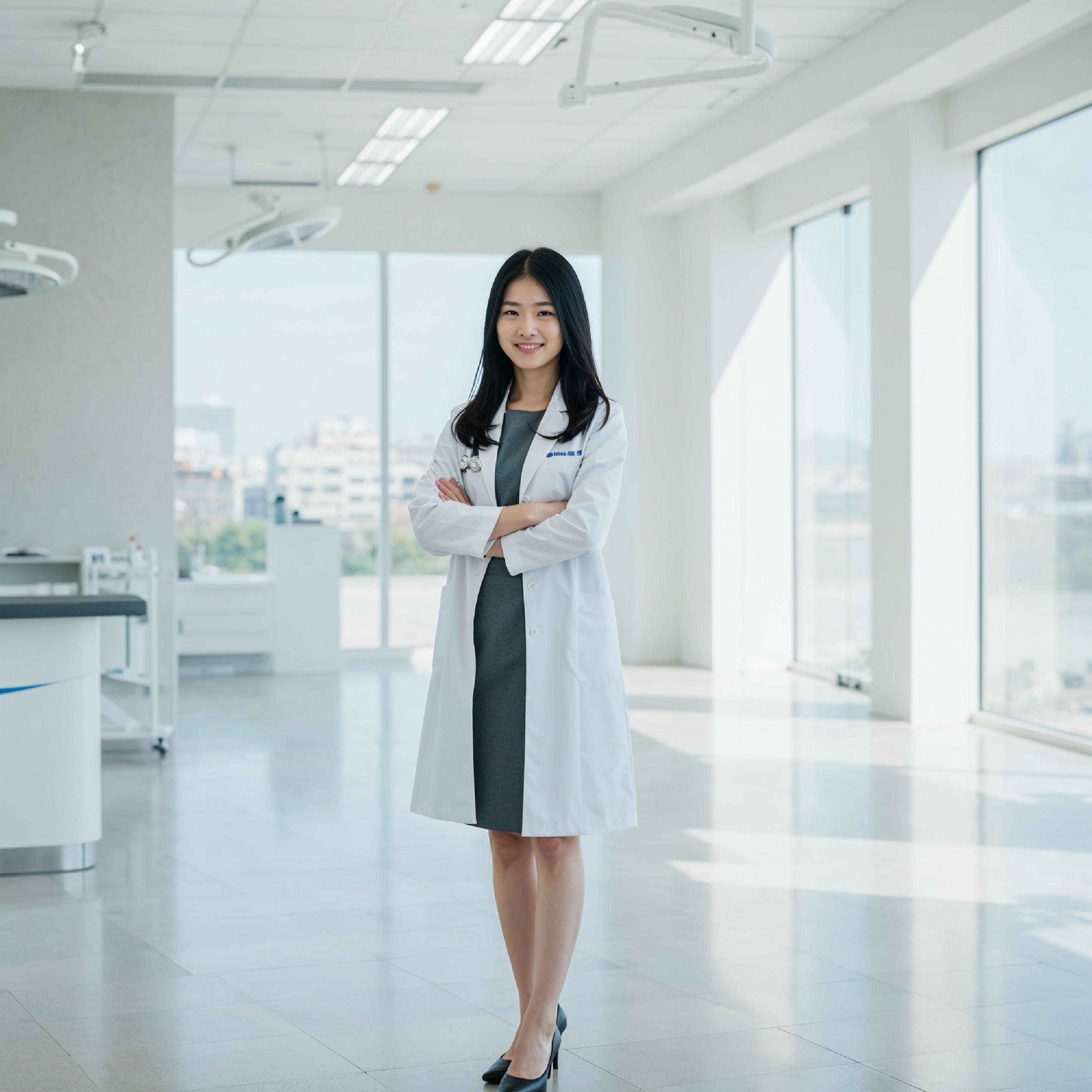 Young Female Doctor in Modern Hospital Wearing Medical Scrubs and Lab Coat Portrait