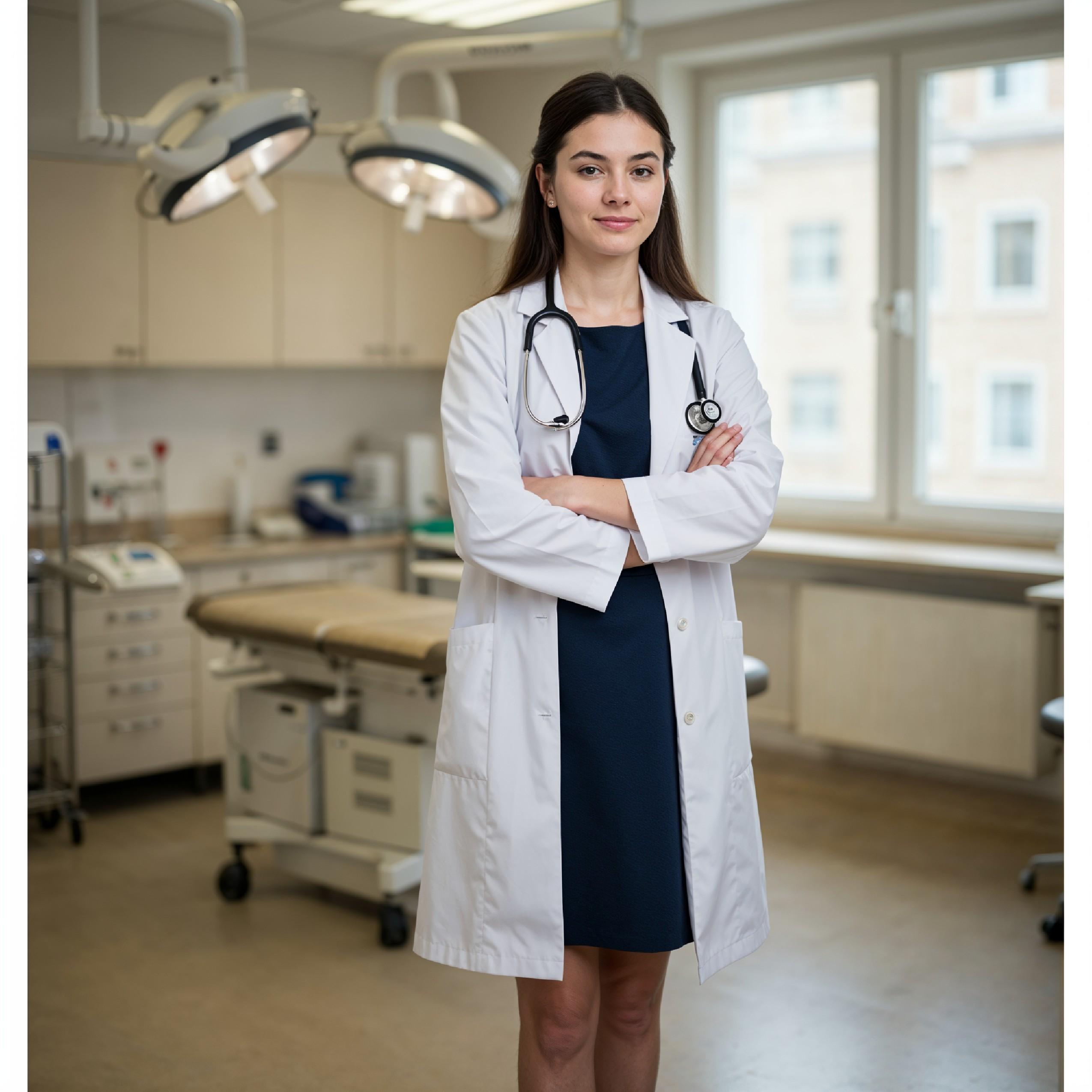 Young Female Doctor in Modern Hospital Wearing Medical Scrubs and Lab Coat Portrait