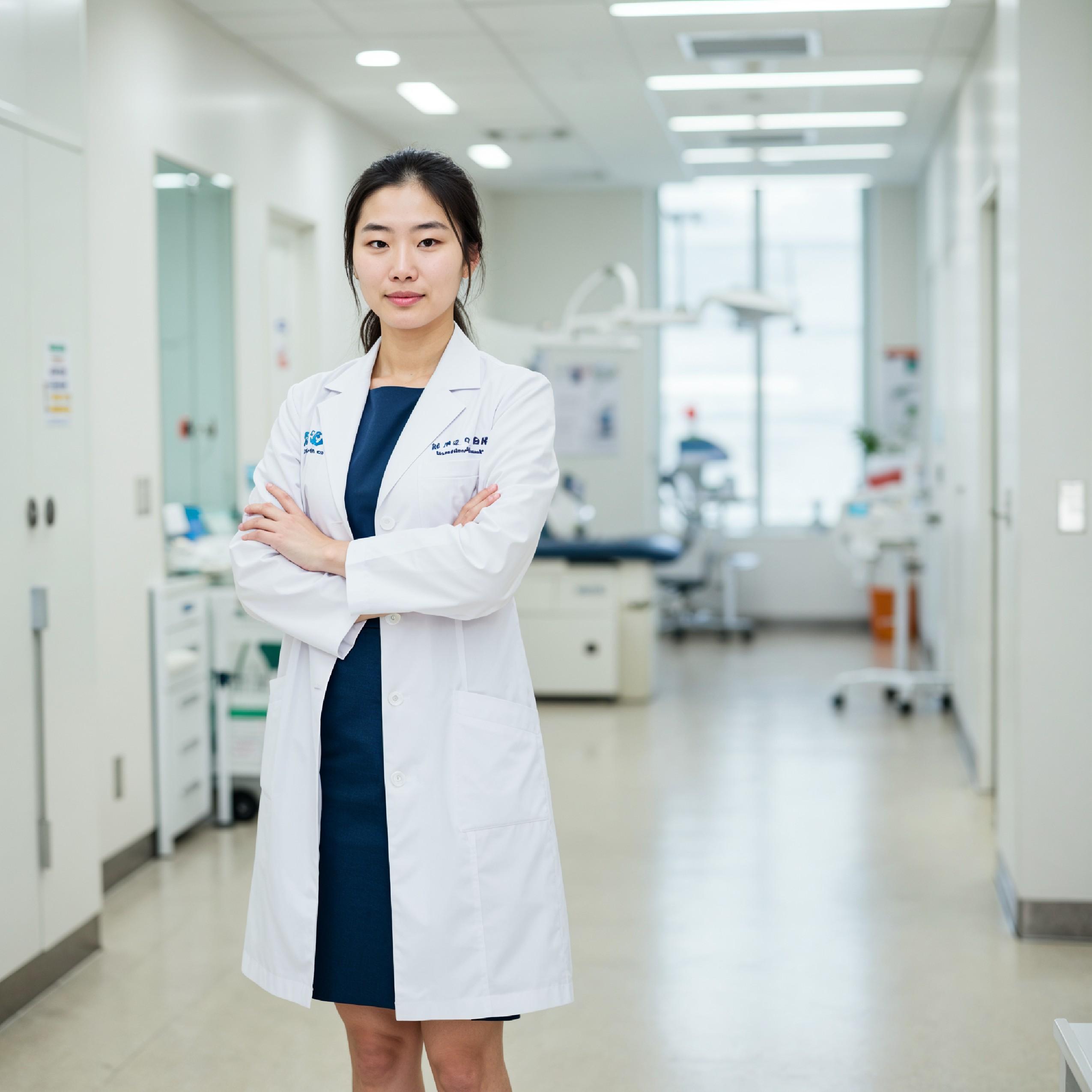 Young Female Doctor in Modern Hospital Wearing Medical Scrubs and Lab Coat Portrait