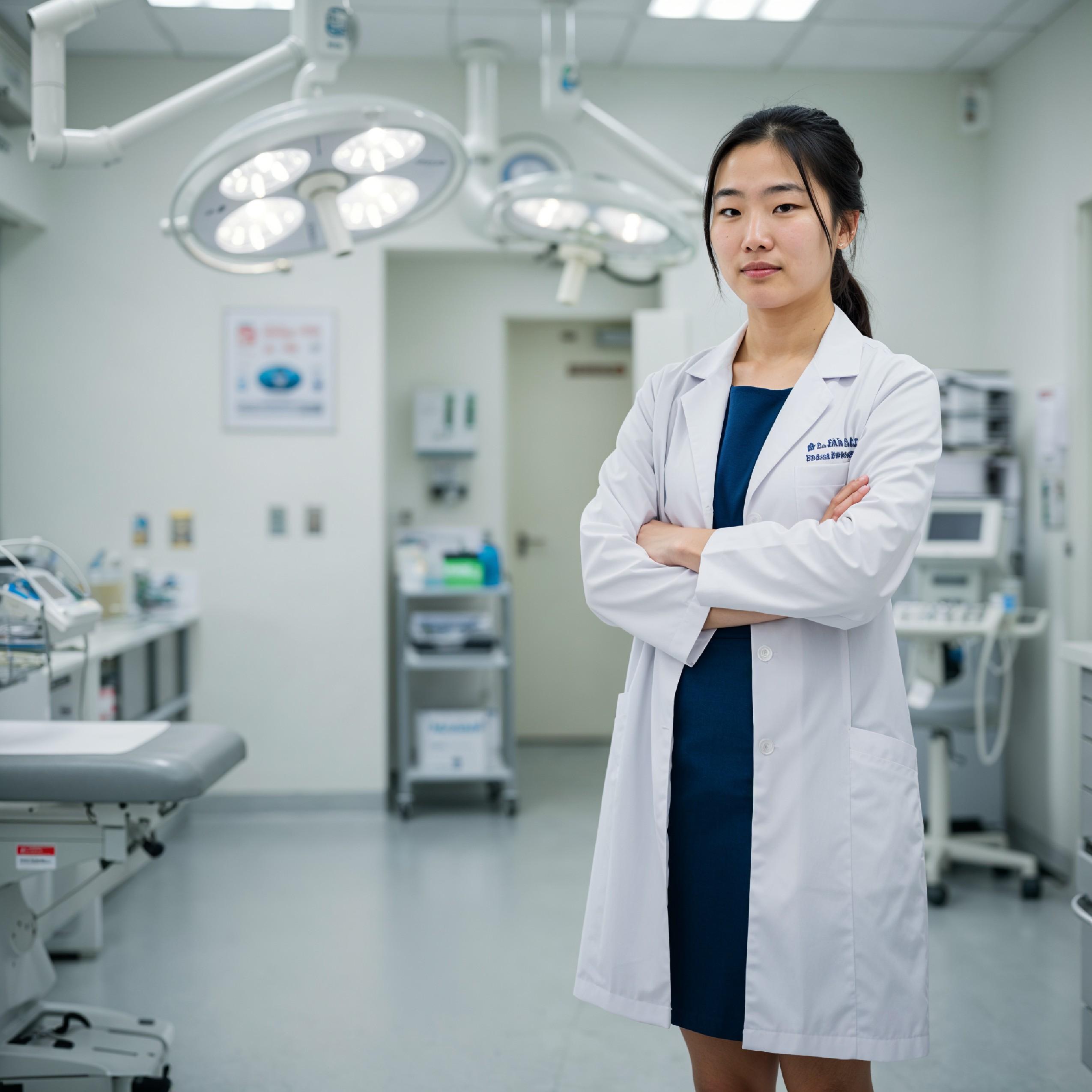 Young Female Doctor in Modern Hospital Wearing Medical Scrubs and Lab Coat Portrait