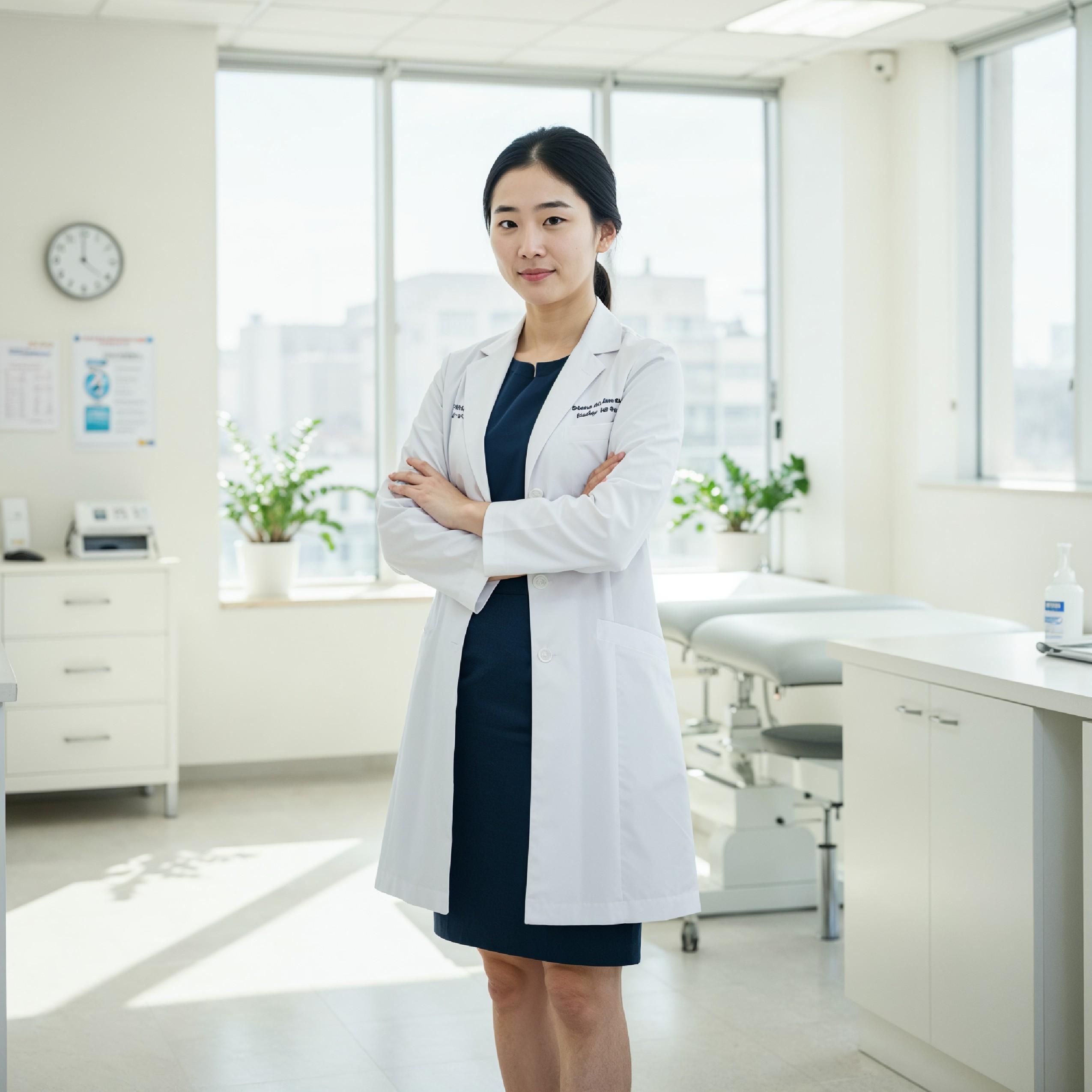 Young Female Doctor in Modern Hospital Wearing Medical Scrubs and Lab Coat Portrait