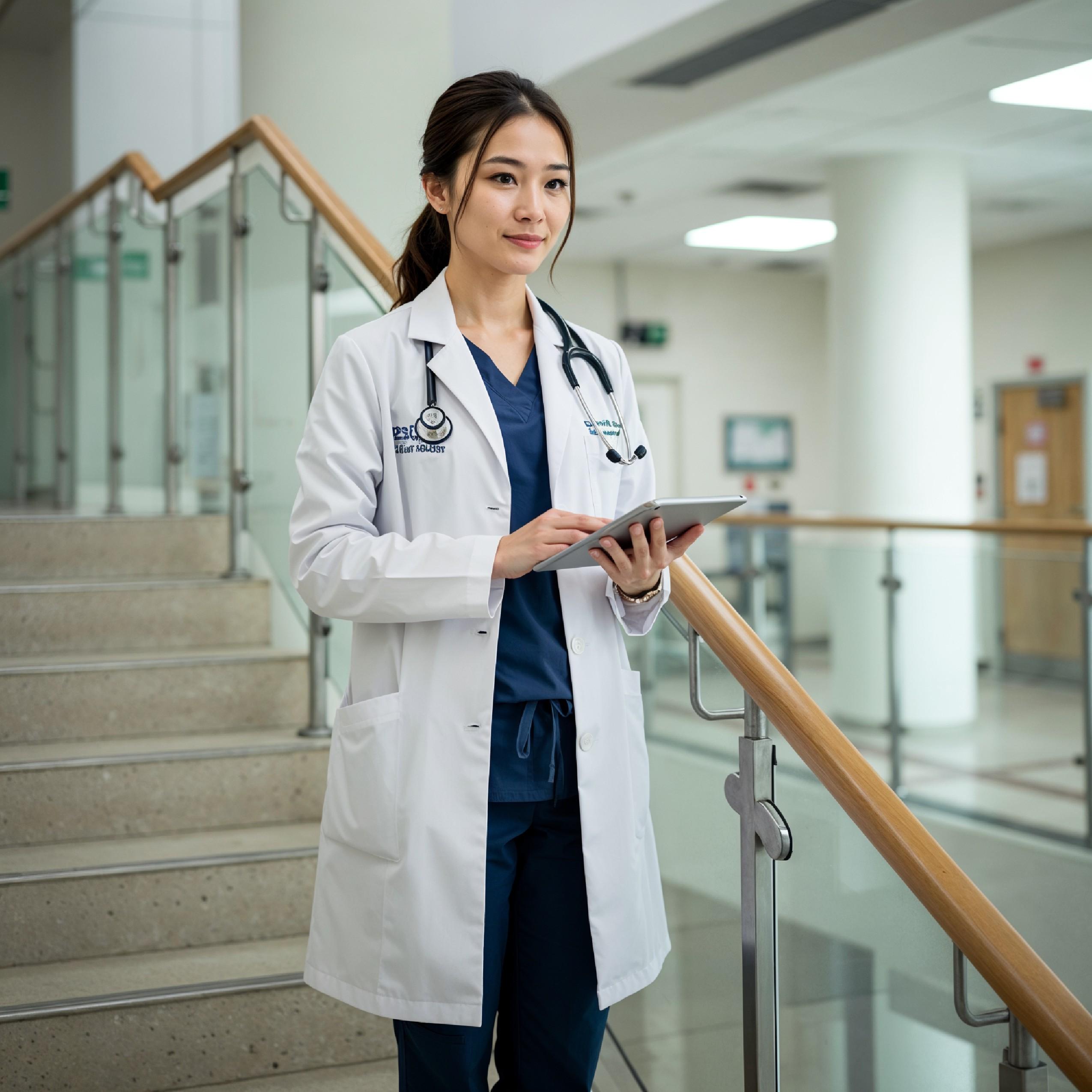 Young Female Doctor in Modern Hospital Wearing Medical Scrubs and Lab Coat Portrait