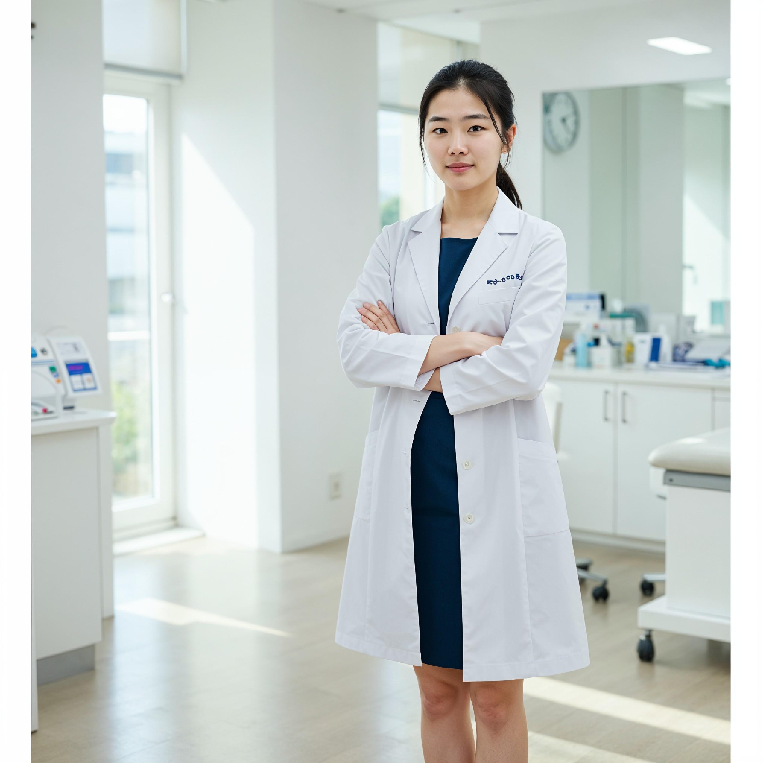 Young Female Doctor in Modern Hospital Wearing Medical Scrubs and Lab Coat Portrait