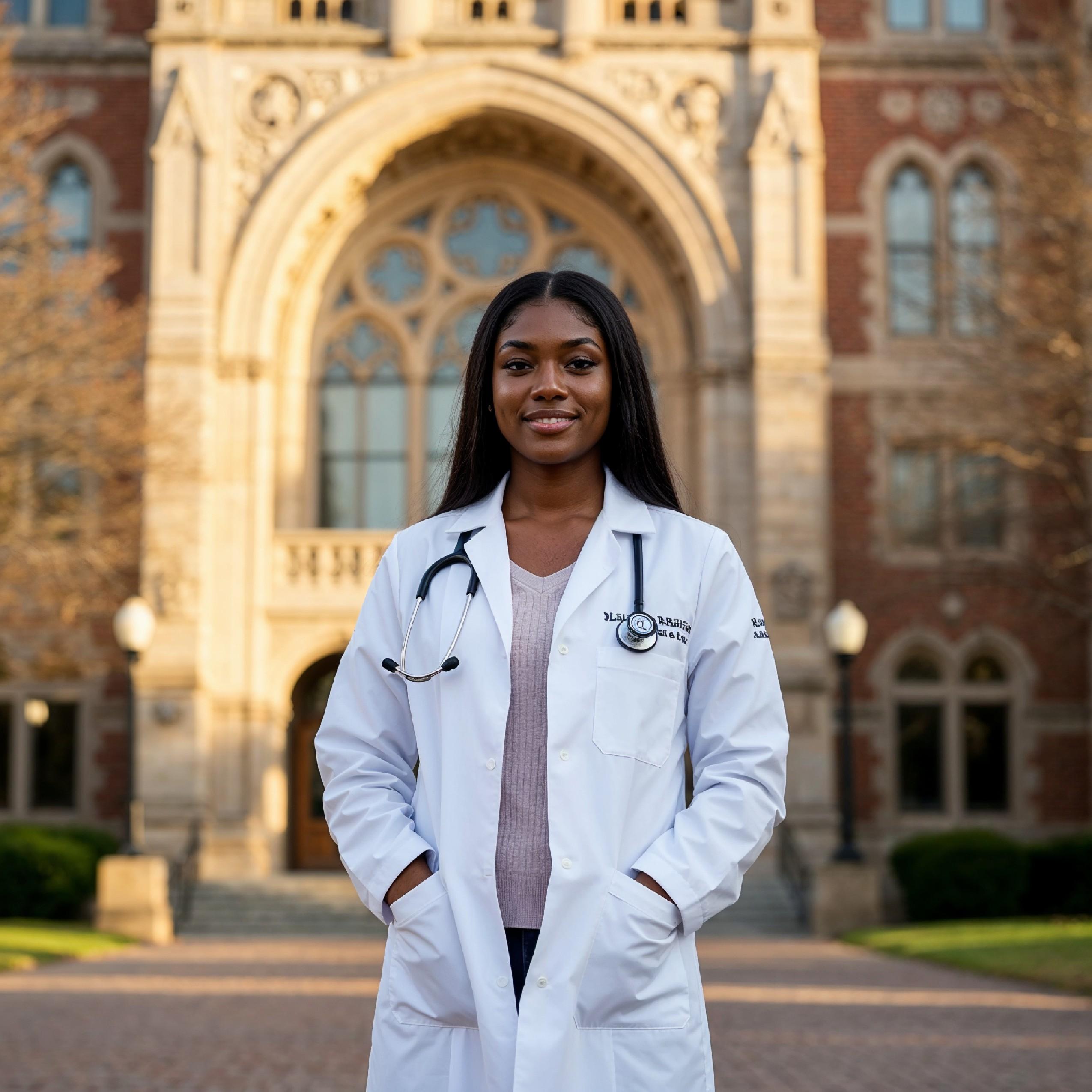 Young Female Doctor in Modern Hospital Wearing Medical Scrubs and Lab Coat Portrait