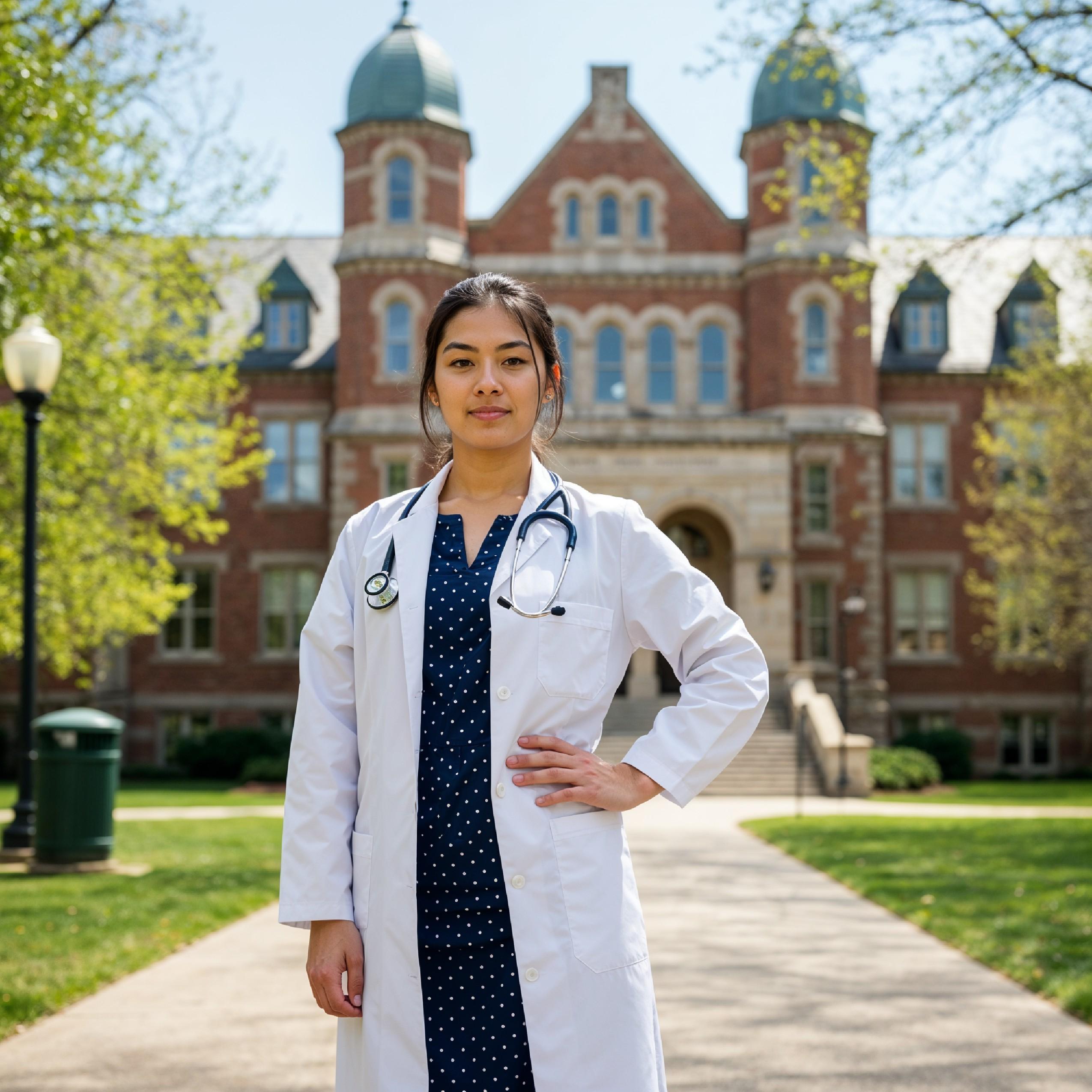 Young Female Doctor in Modern Hospital Wearing Medical Scrubs and Lab Coat Portrait