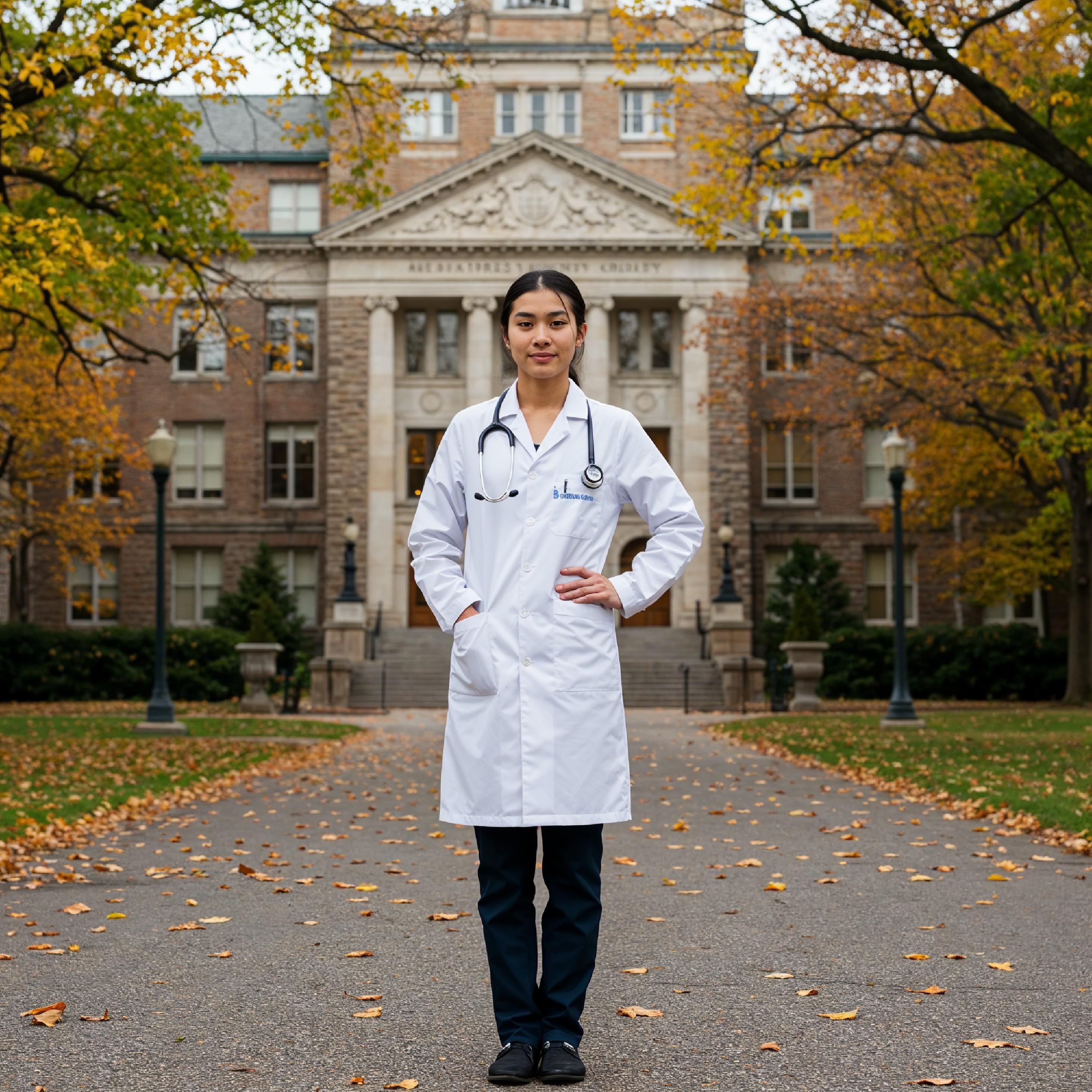 Young Female Doctor in Modern Hospital Wearing Medical Scrubs and Lab Coat Portrait