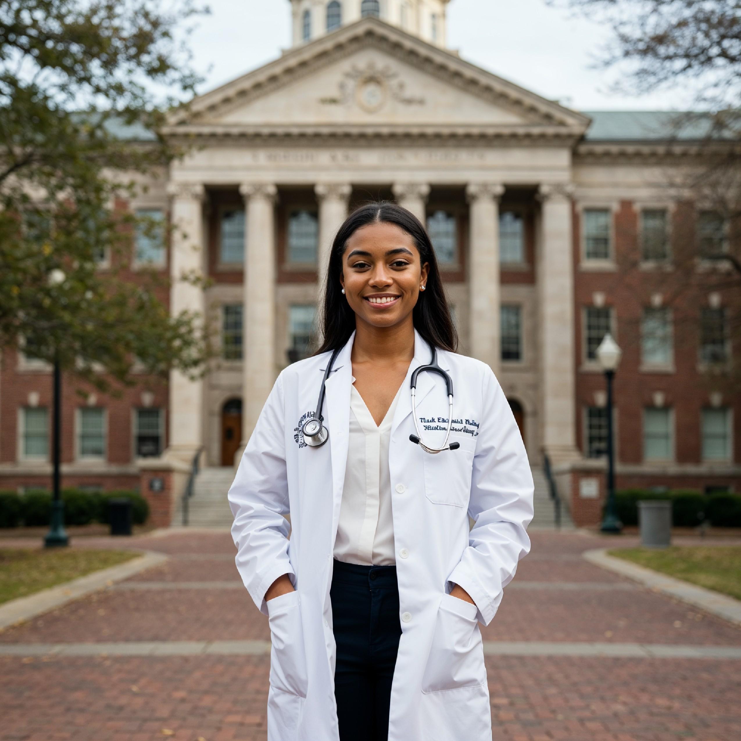 Young Female Doctor in Modern Hospital Wearing Medical Scrubs and Lab Coat Portrait