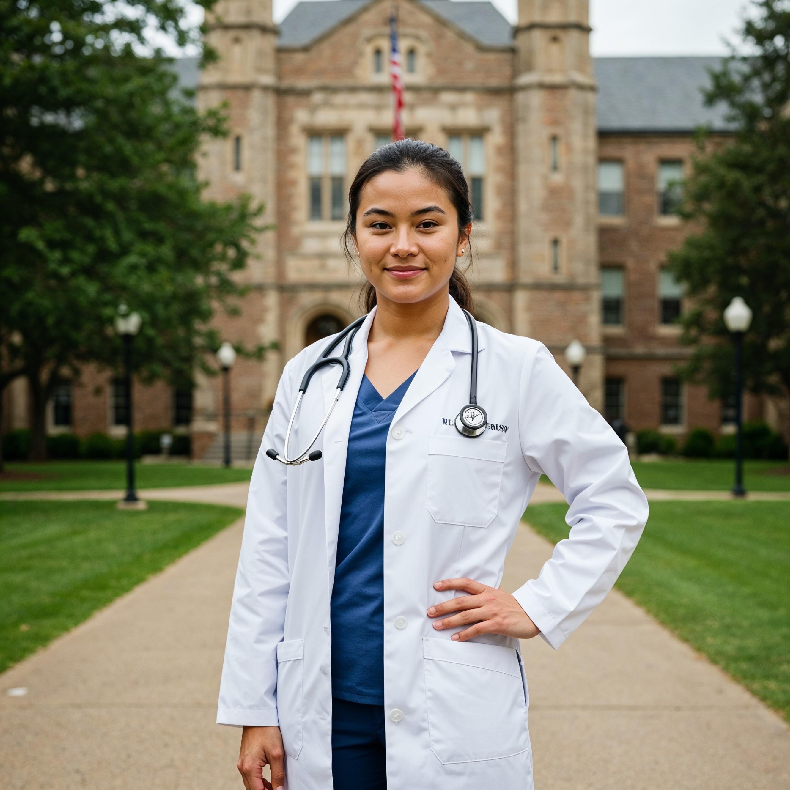 Young Female Doctor in Modern Hospital Wearing Medical Scrubs and Lab Coat Portrait