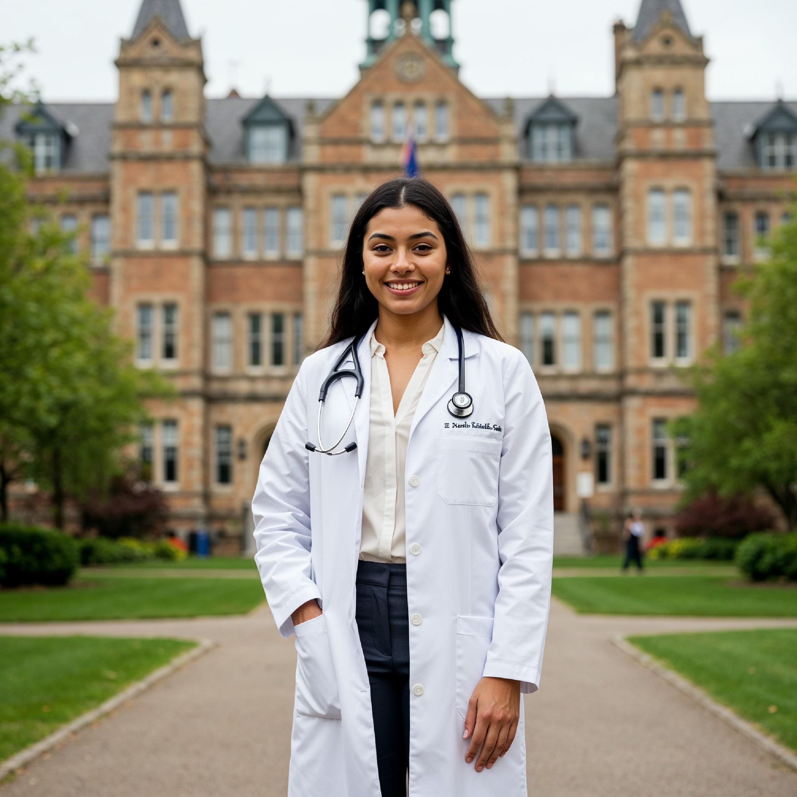 Young Female Doctor in Modern Hospital Wearing Medical Scrubs and Lab Coat Portrait