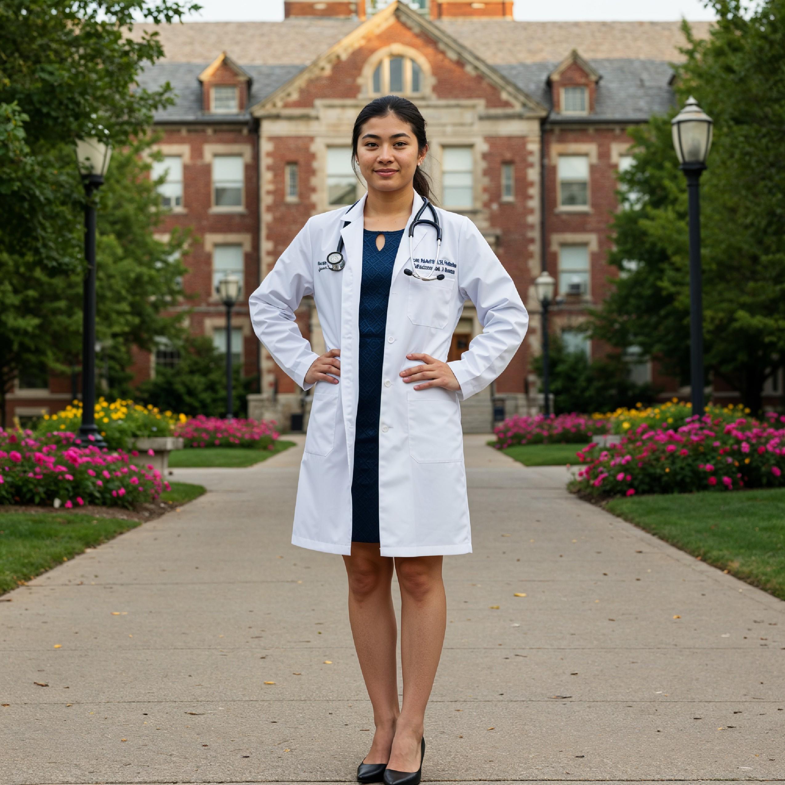 Young Female Doctor in Modern Hospital Wearing Medical Scrubs and Lab Coat Portrait