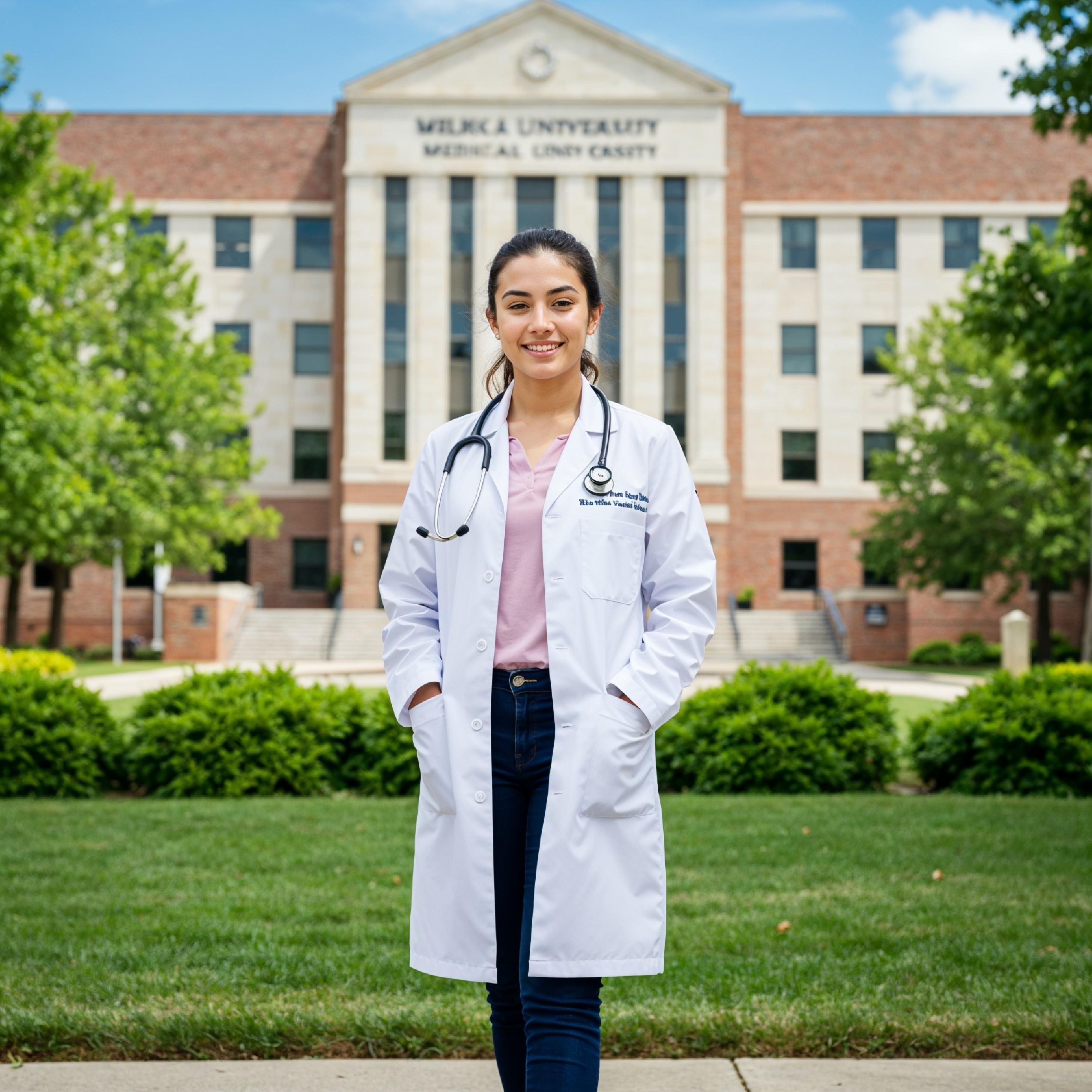 Young Female Doctor in Modern Hospital Wearing Medical Scrubs and Lab Coat Portrait
