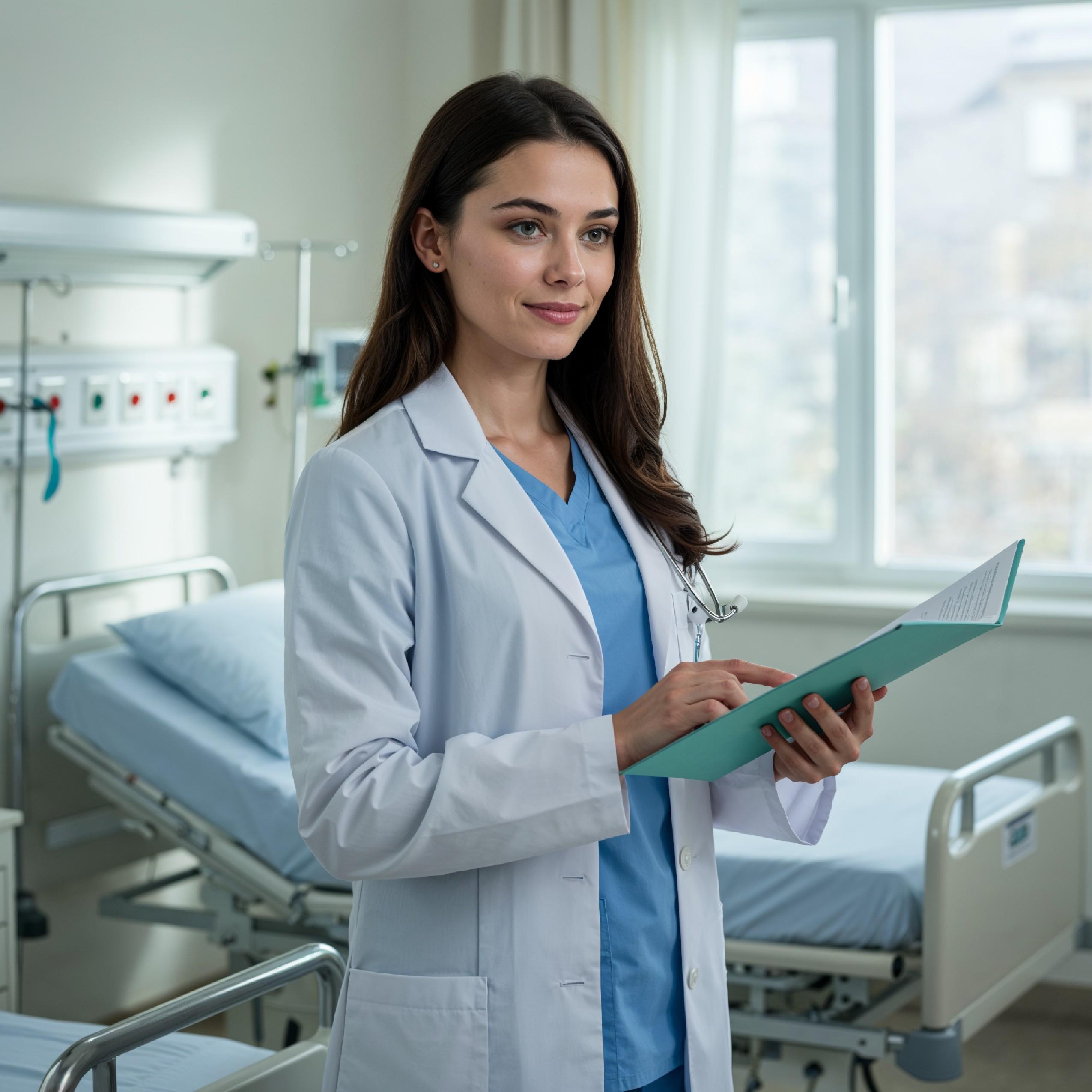Young Female Doctor in Modern Hospital Wearing Medical Scrubs and Lab Coat Portrait