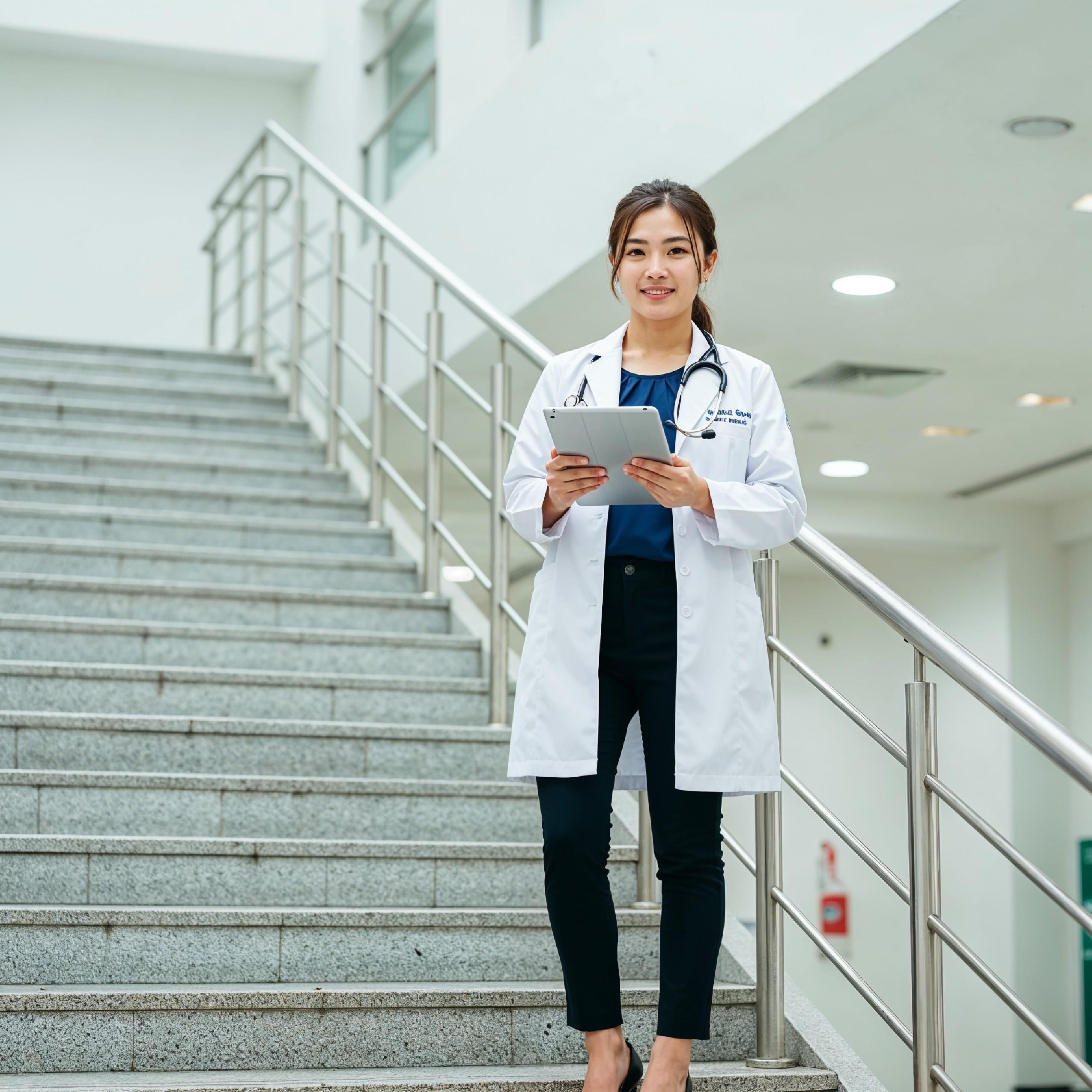 Young Female Doctor in Modern Hospital Wearing Medical Scrubs and Lab Coat Portrait