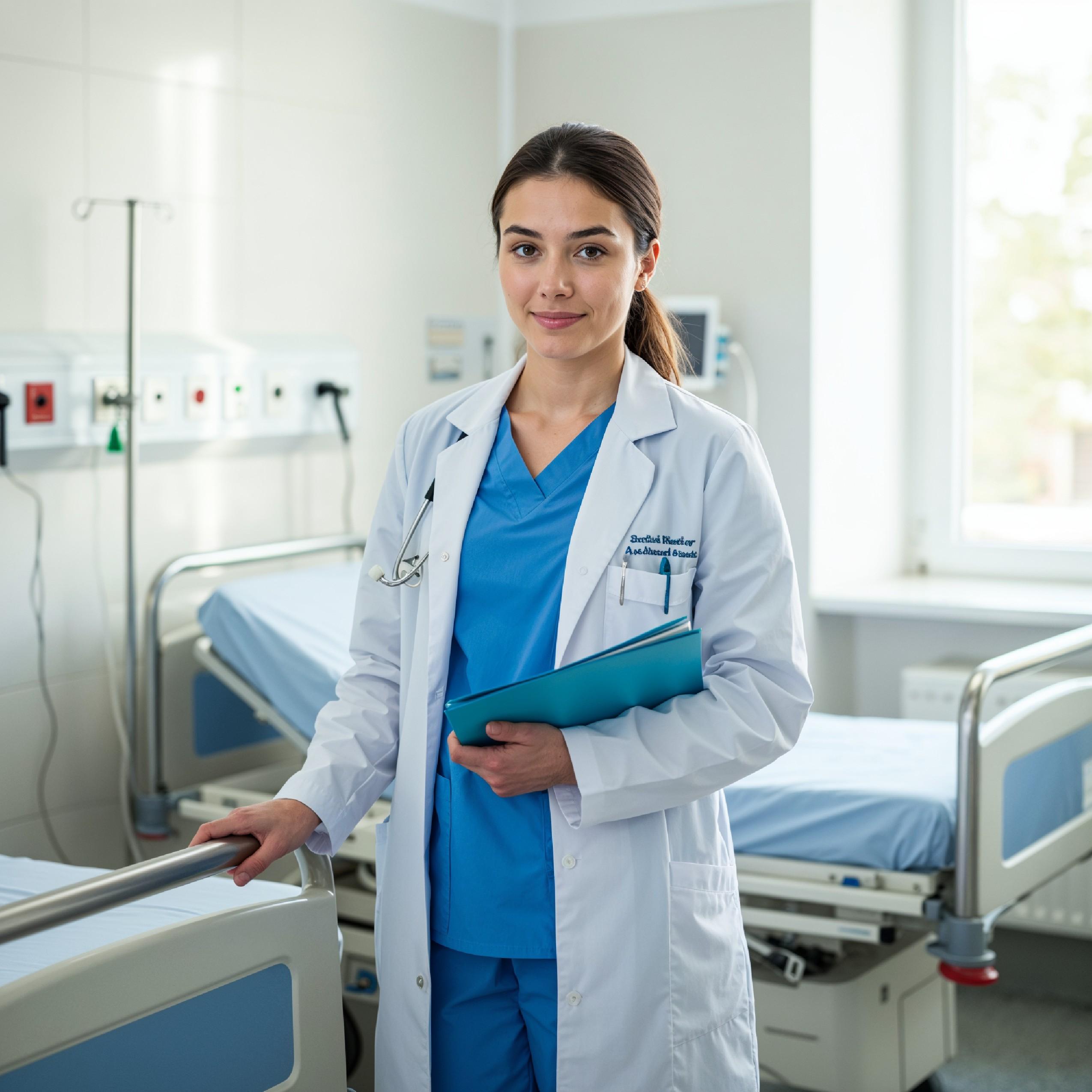 Young Female Doctor in Modern Hospital Wearing Medical Scrubs and Lab Coat Portrait