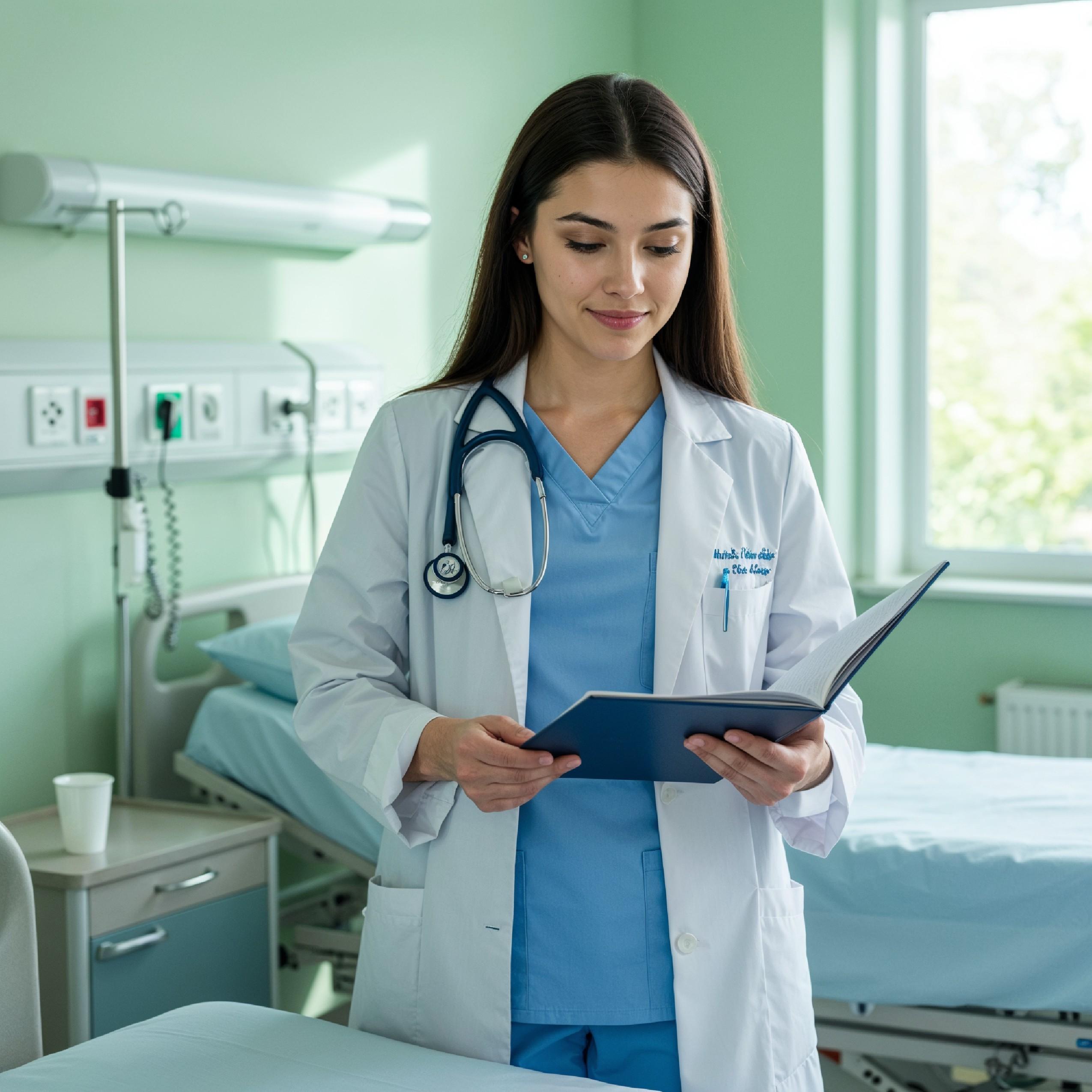 Young Female Doctor in Modern Hospital Wearing Medical Scrubs and Lab Coat Portrait