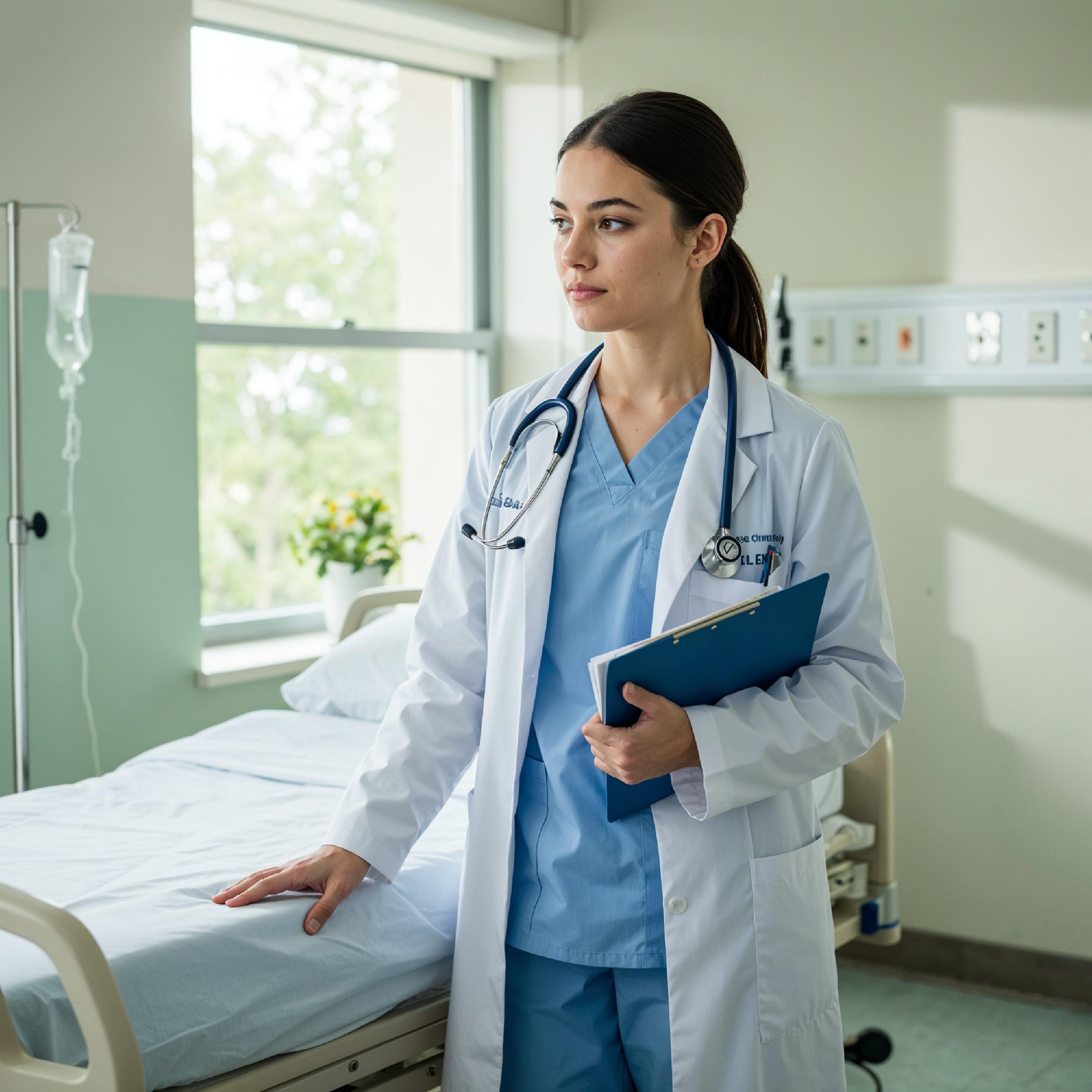 Young Female Doctor in Modern Hospital Wearing Medical Scrubs and Lab Coat Portrait