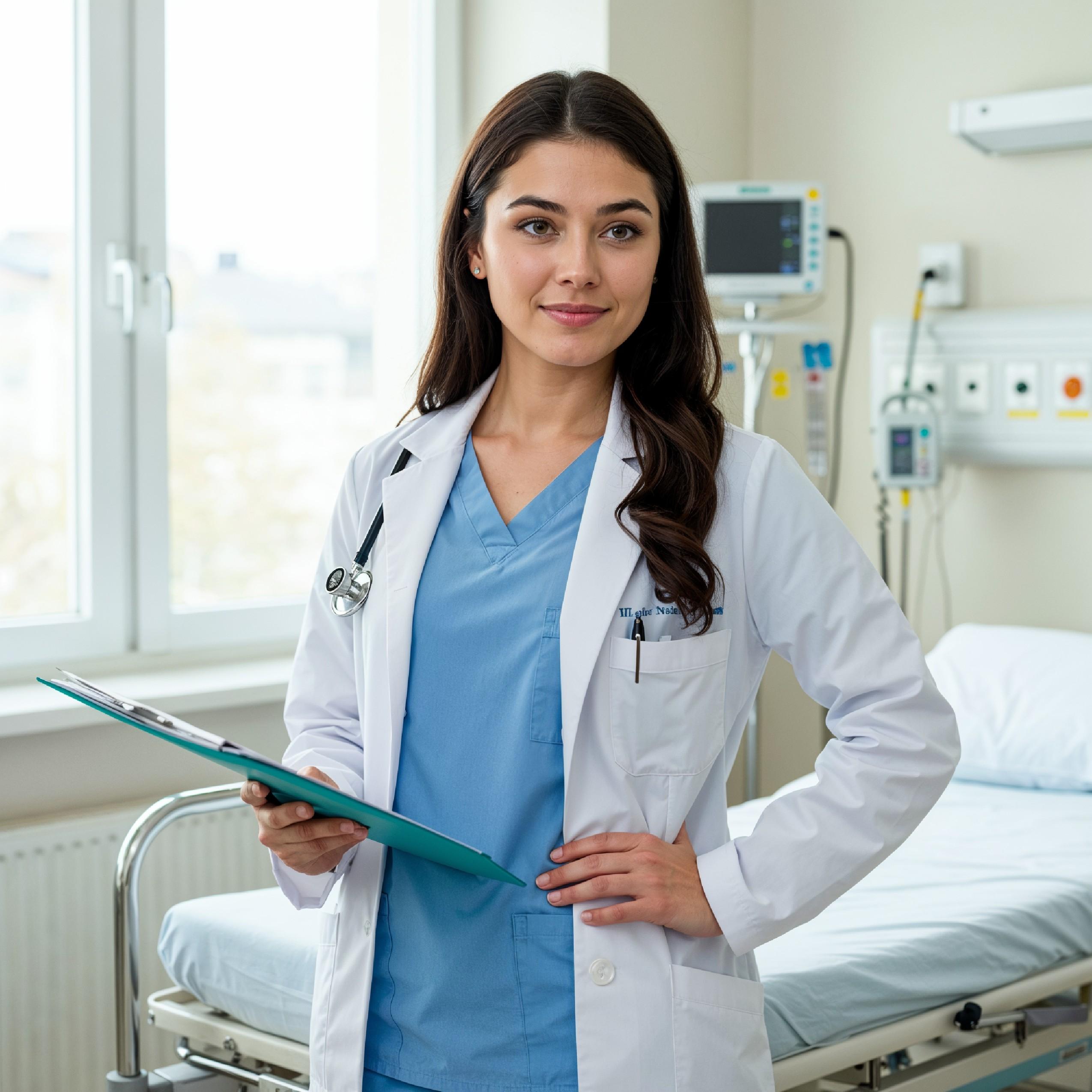 Young Female Doctor in Modern Hospital Wearing Medical Scrubs and Lab Coat Portrait