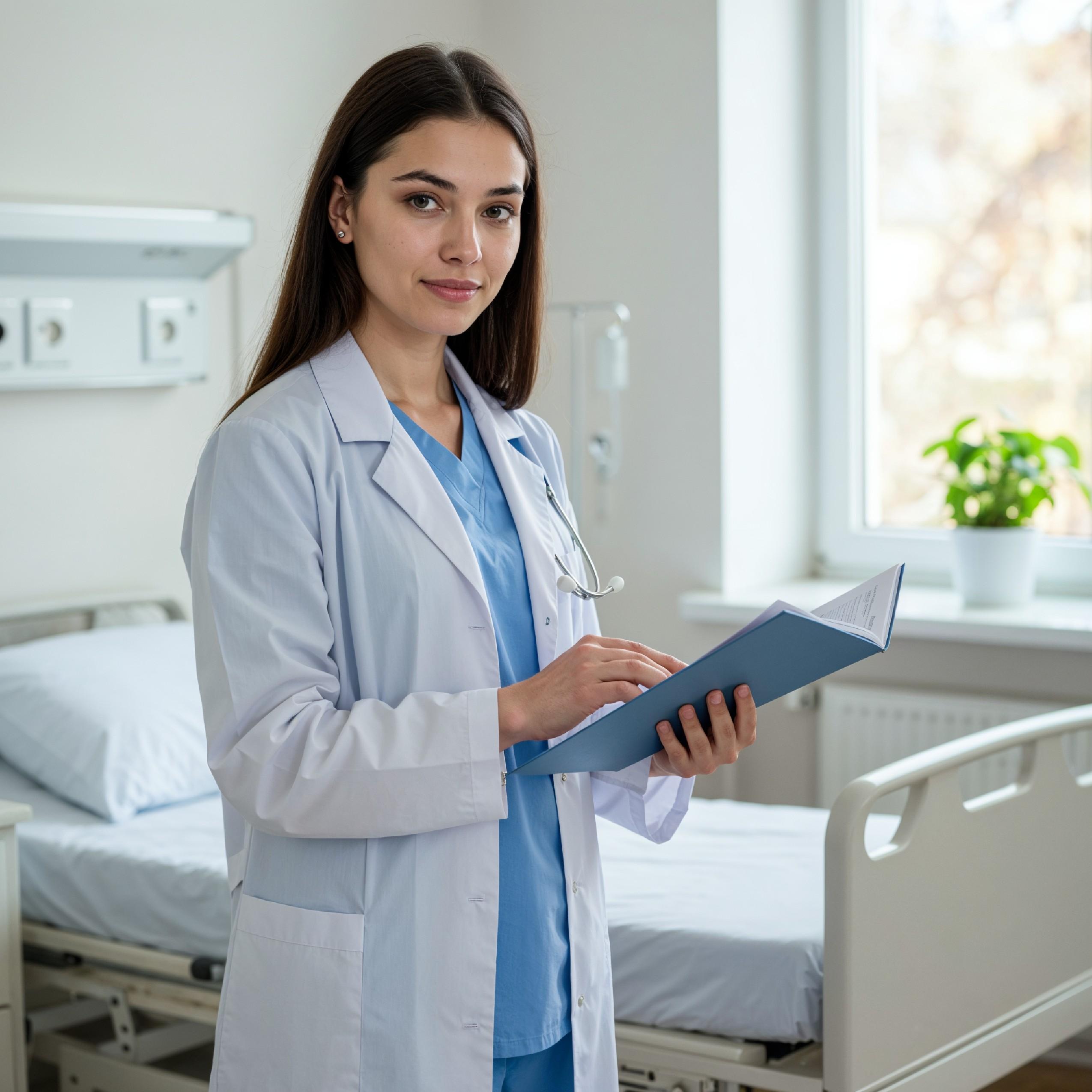 Young Female Doctor in Modern Hospital Wearing Medical Scrubs and Lab Coat Portrait