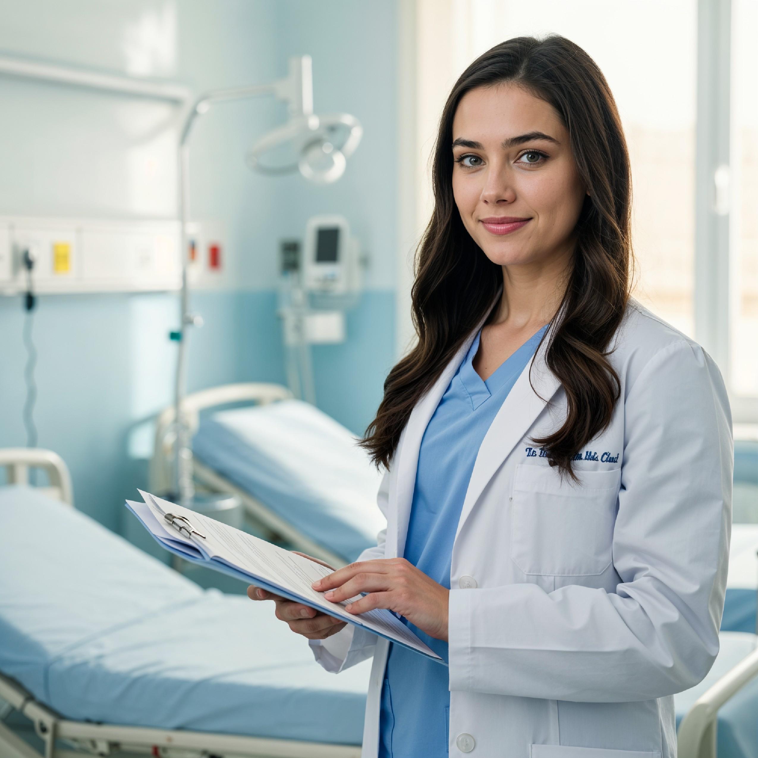 Young Female Doctor in Modern Hospital Wearing Medical Scrubs and Lab Coat Portrait