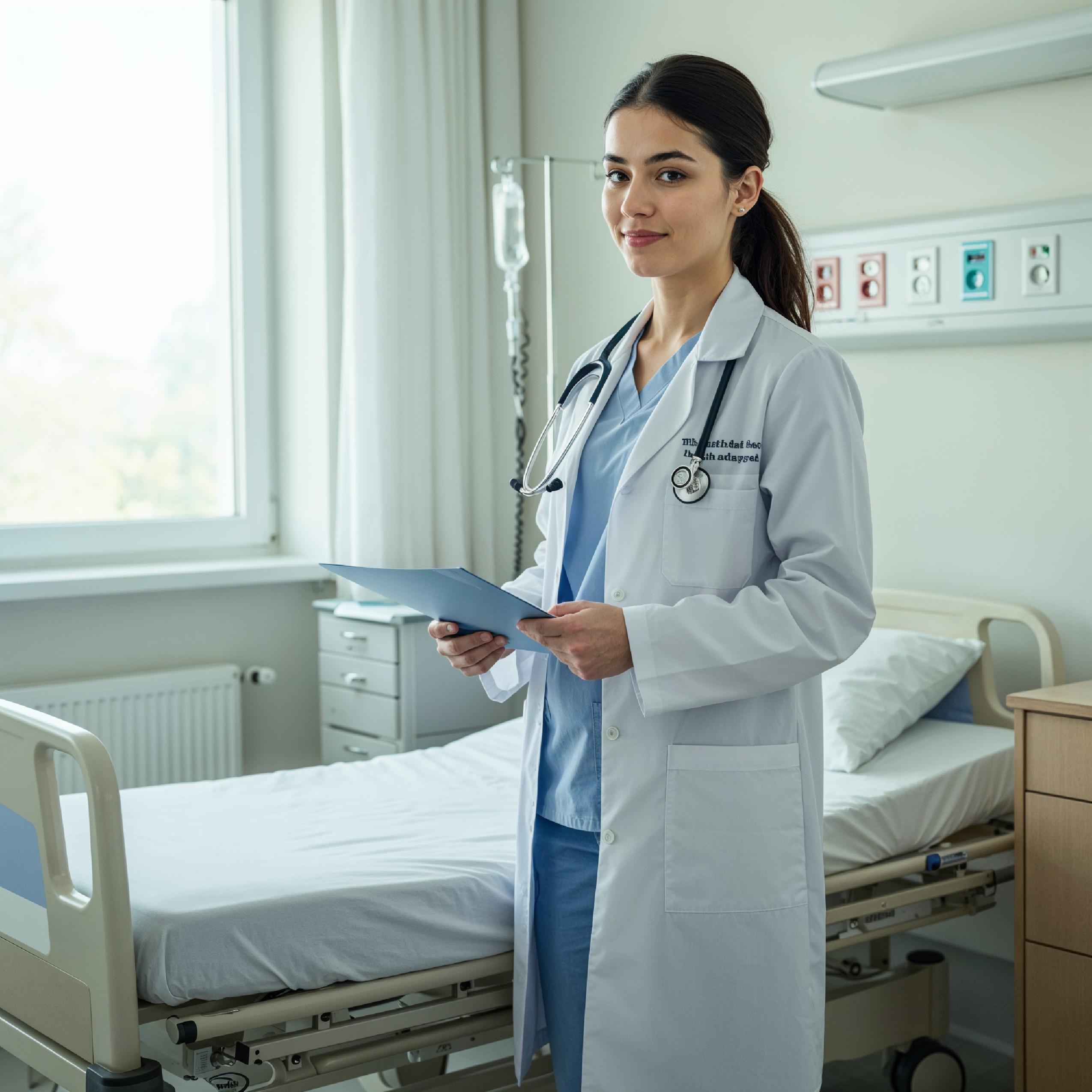 Young Female Doctor in Modern Hospital Wearing Medical Scrubs and Lab Coat Portrait