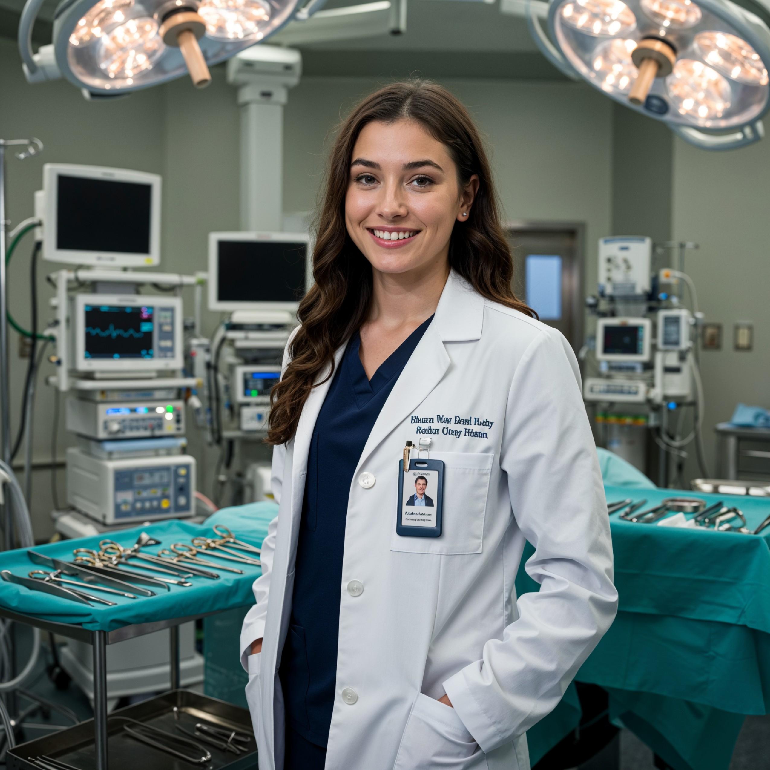 Young Female Doctor in Modern Hospital Wearing Medical Scrubs and Lab Coat Portrait