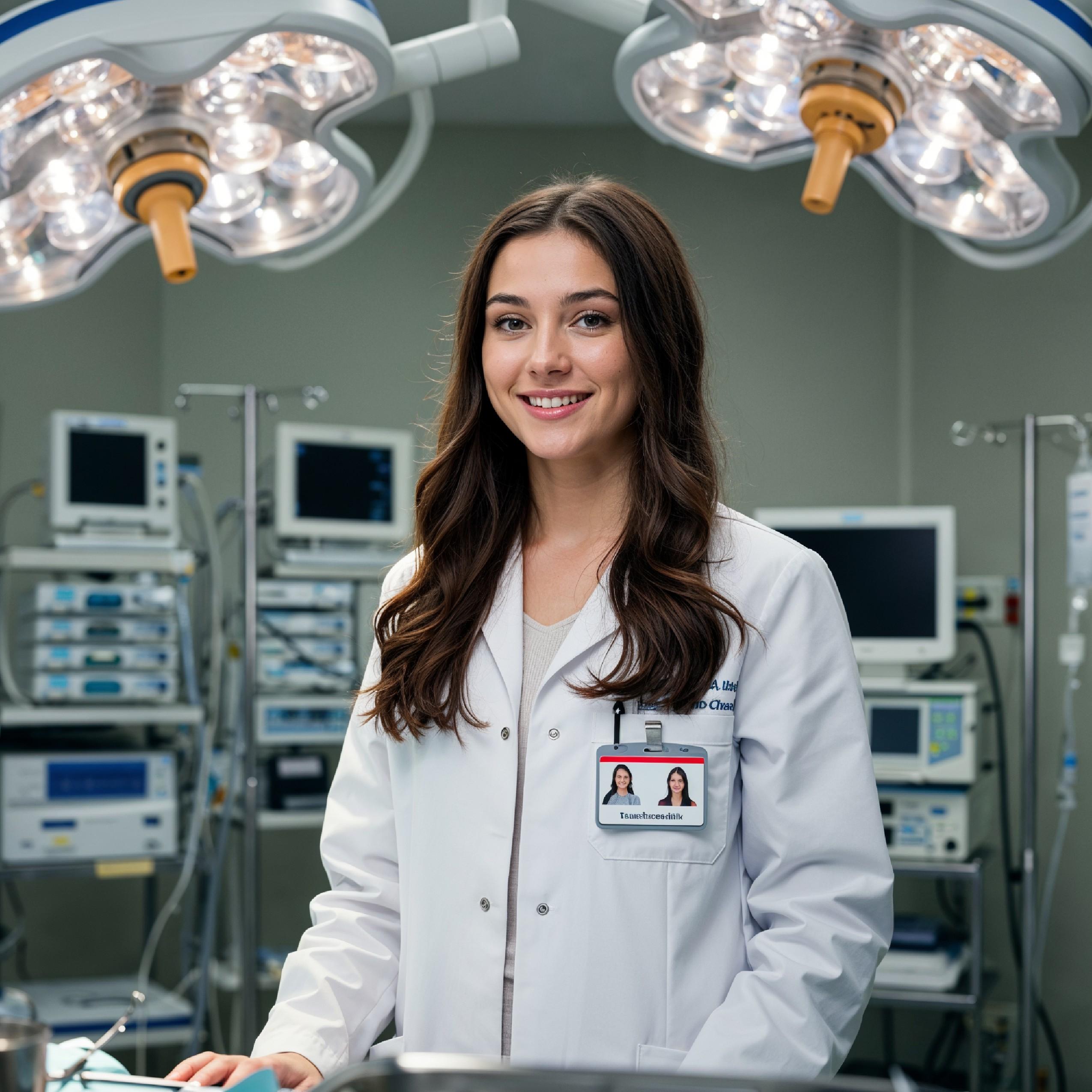 Young Female Doctor in Modern Hospital Wearing Medical Scrubs and Lab Coat Portrait