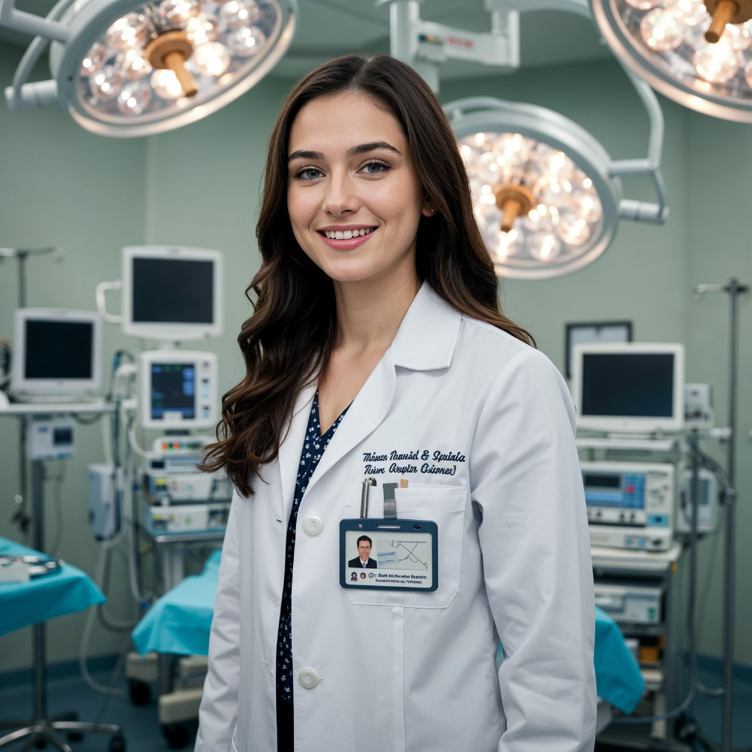 Young Female Doctor in Modern Hospital Wearing Medical Scrubs and Lab Coat Portrait