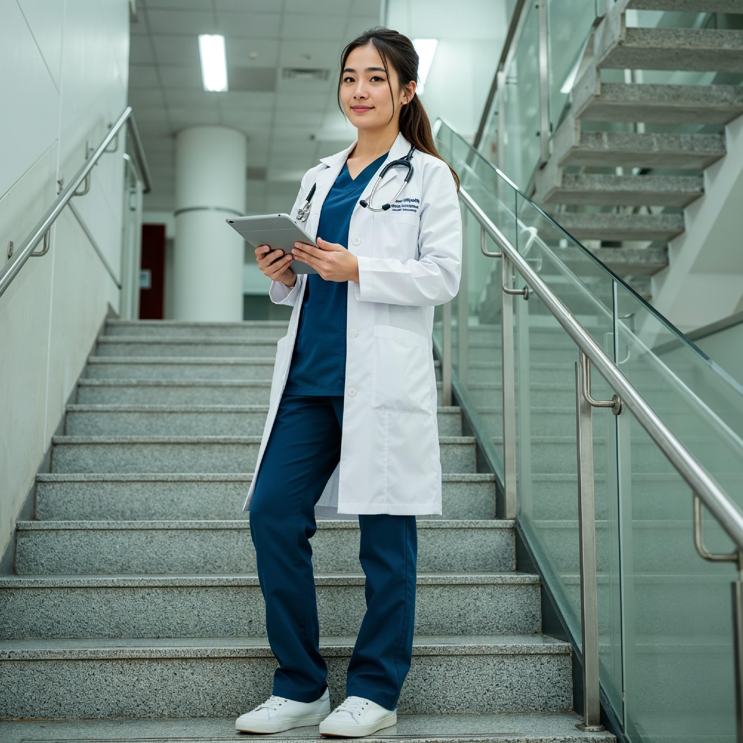 Young Female Doctor in Modern Hospital Wearing Medical Scrubs and Lab Coat Portrait