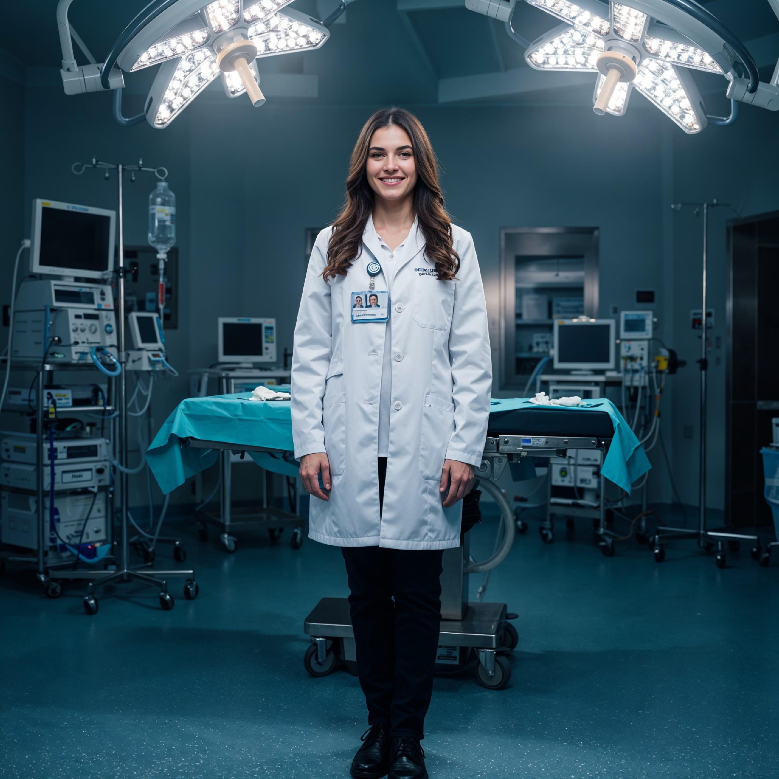 Young Female Doctor in Modern Hospital Wearing Medical Scrubs and Lab Coat Portrait