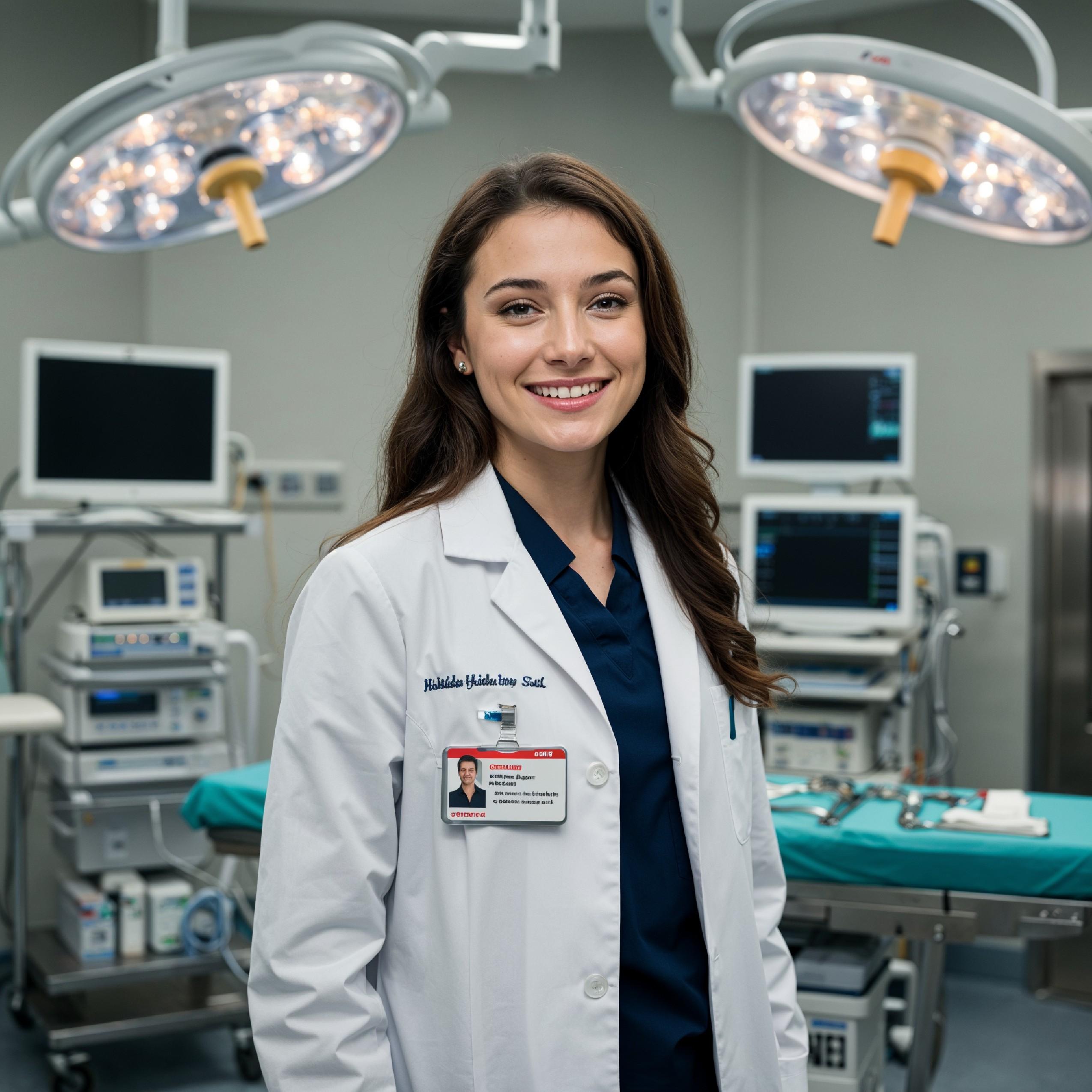 Young Female Doctor in Modern Hospital Wearing Medical Scrubs and Lab Coat Portrait