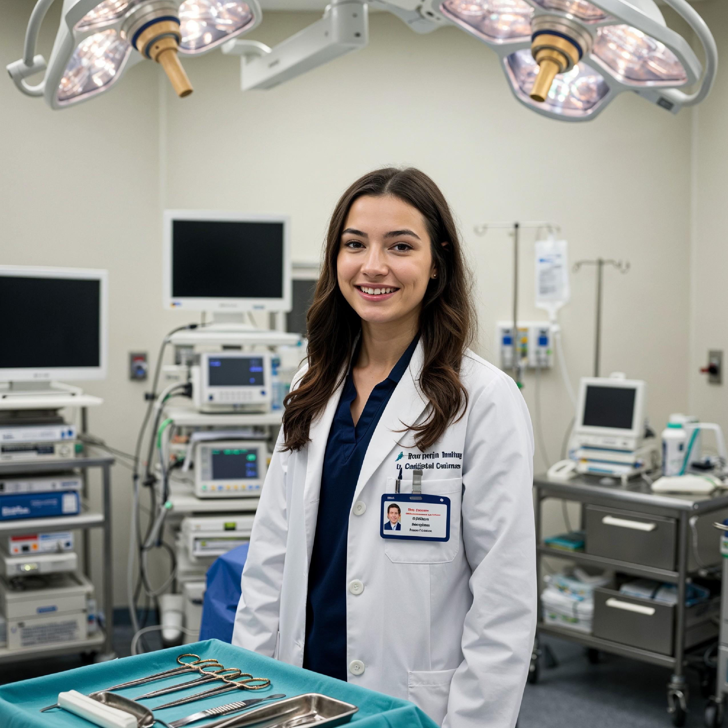 Young Female Doctor in Modern Hospital Wearing Medical Scrubs and Lab Coat Portrait
