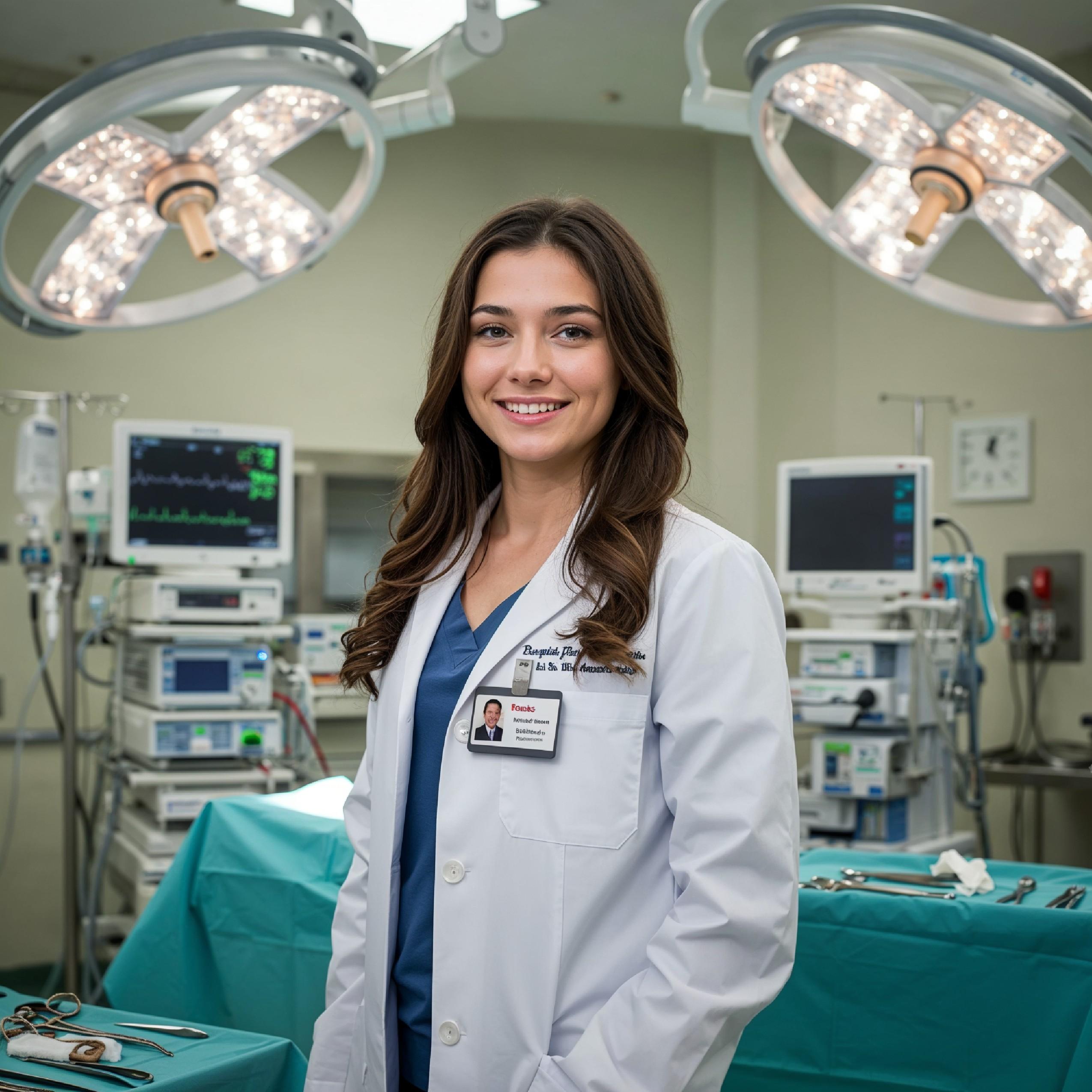 Young Female Doctor in Modern Hospital Wearing Medical Scrubs and Lab Coat Portrait