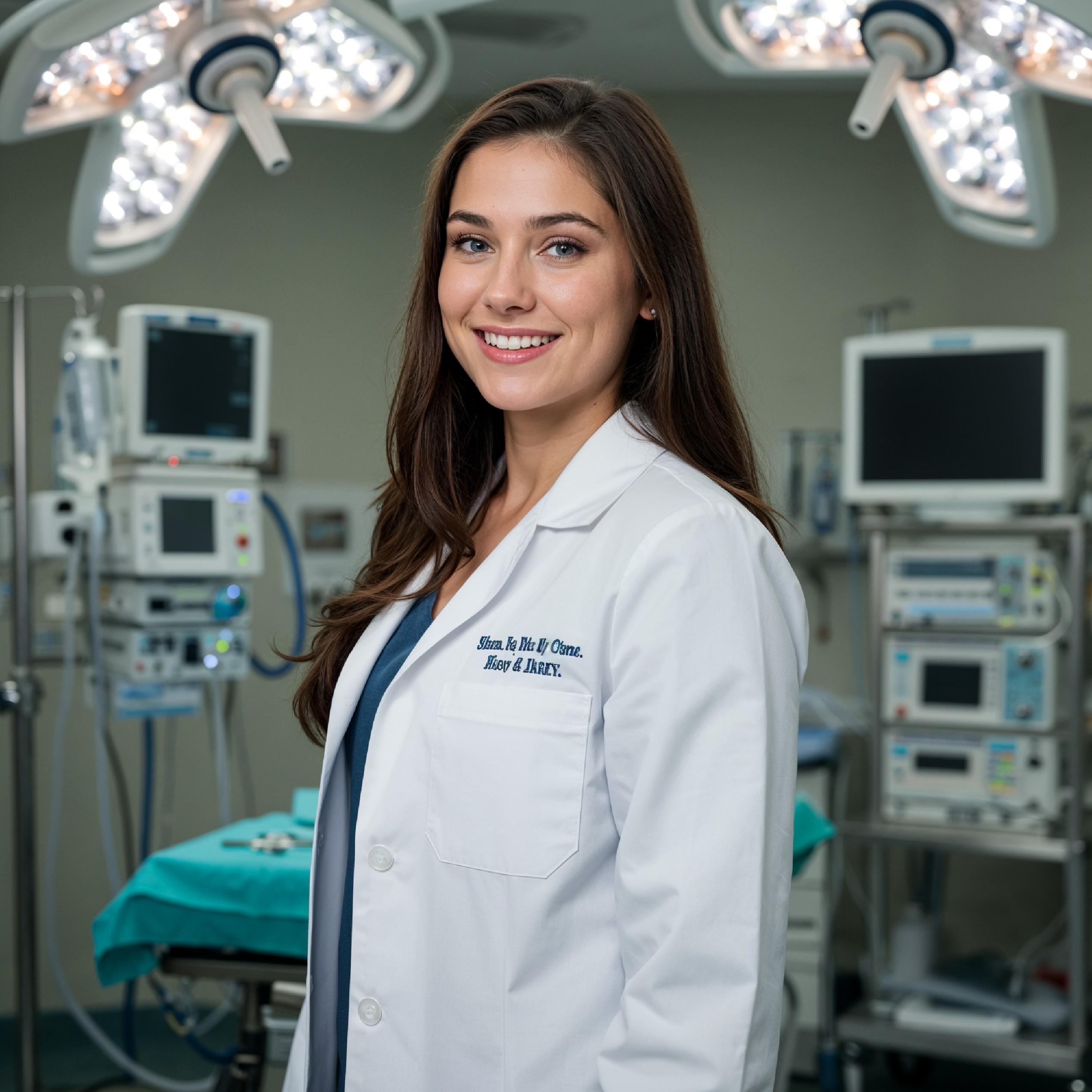 Young Female Doctor in Modern Hospital Wearing Medical Scrubs and Lab Coat Portrait