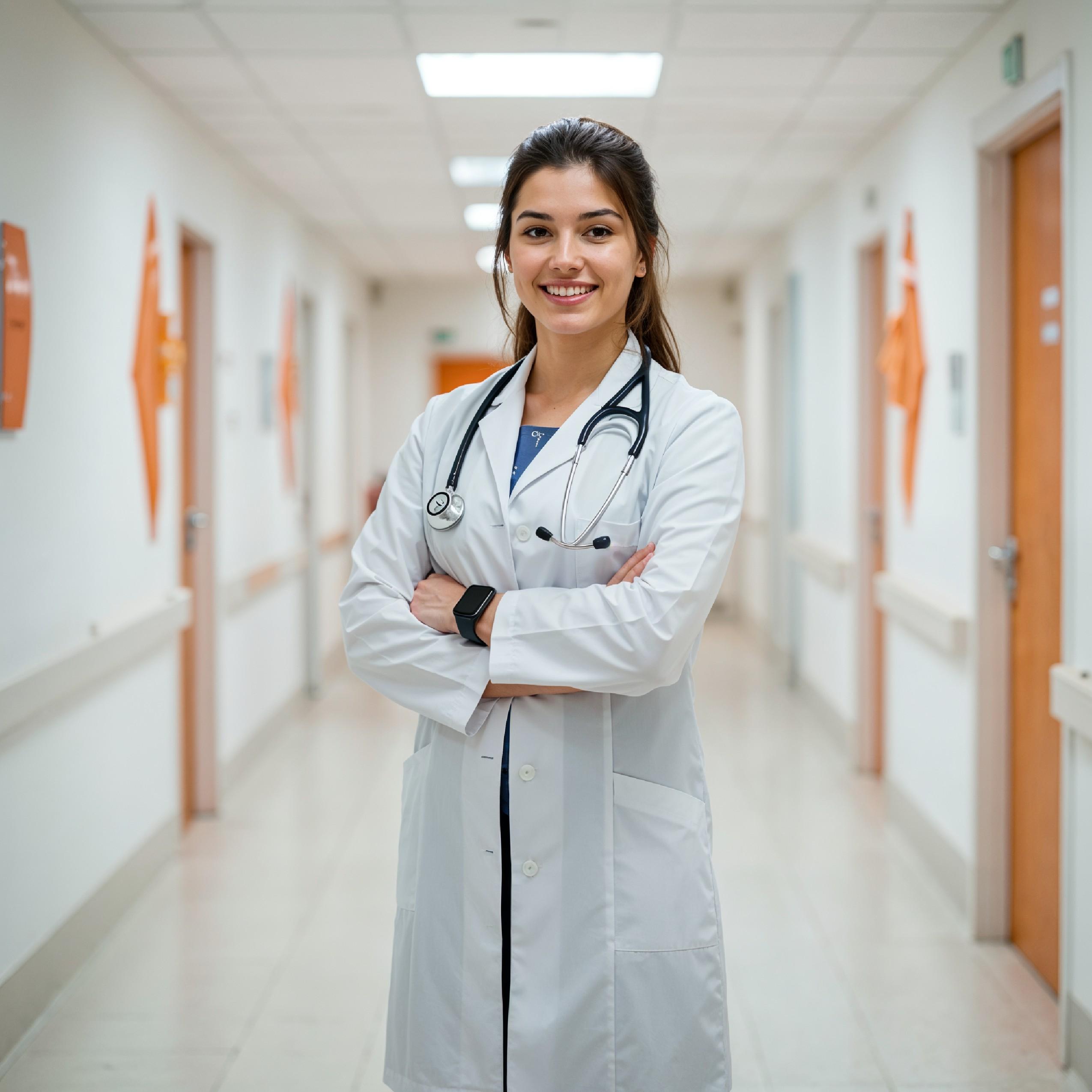 Young Female Doctor in Modern Hospital Wearing Medical Scrubs and Lab Coat Portrait