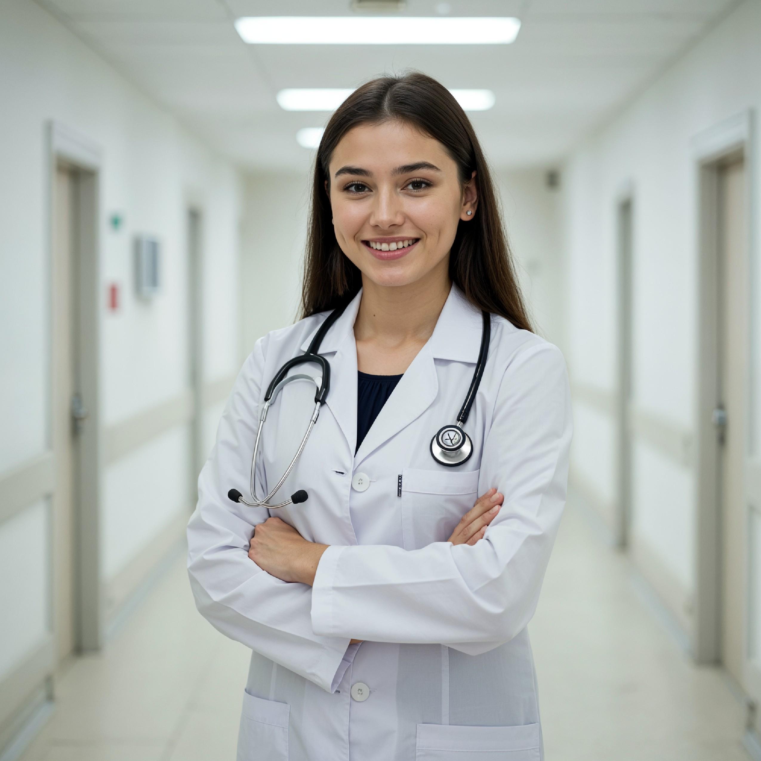 Young Female Doctor in Modern Hospital Wearing Medical Scrubs and Lab Coat Portrait
