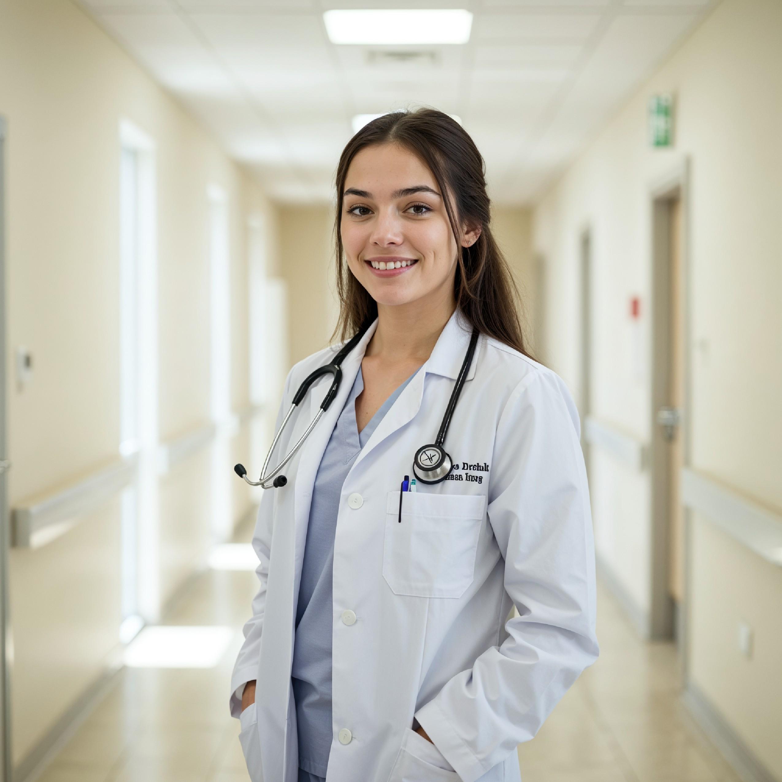 Young Female Doctor in Modern Hospital Wearing Medical Scrubs and Lab Coat Portrait