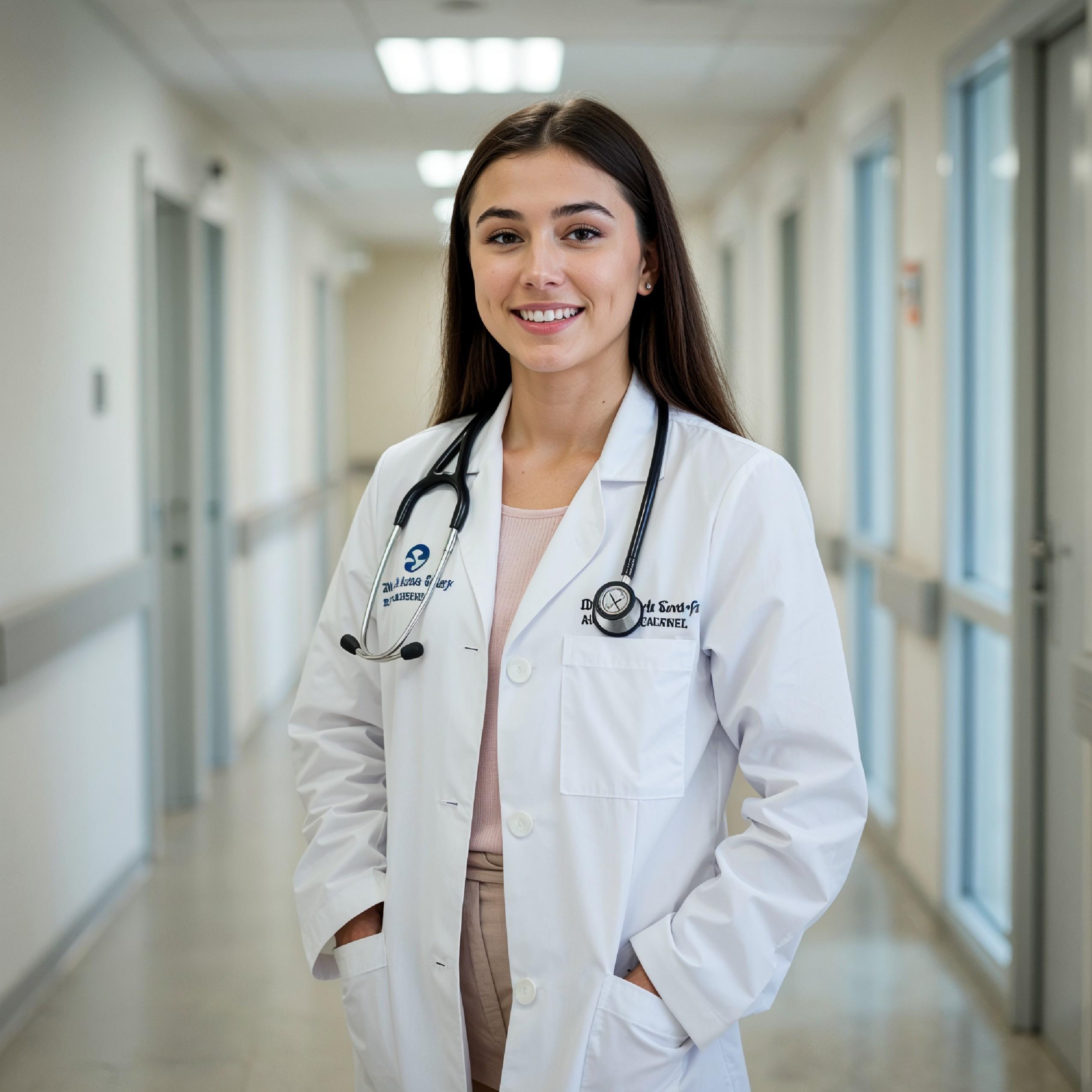 Young Female Doctor in Modern Hospital Wearing Medical Scrubs and Lab Coat Portrait