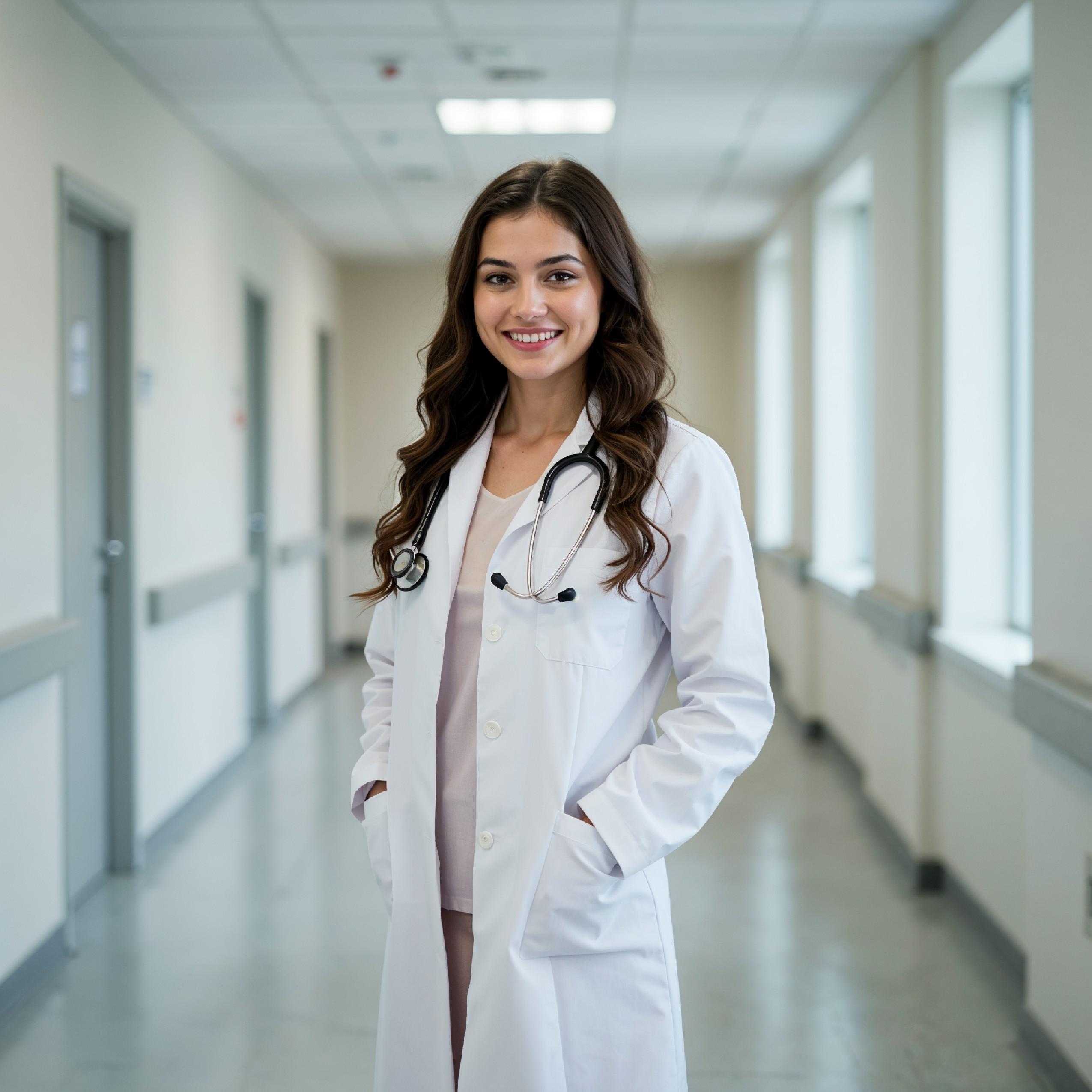Young Female Doctor in Modern Hospital Wearing Medical Scrubs and Lab Coat Portrait