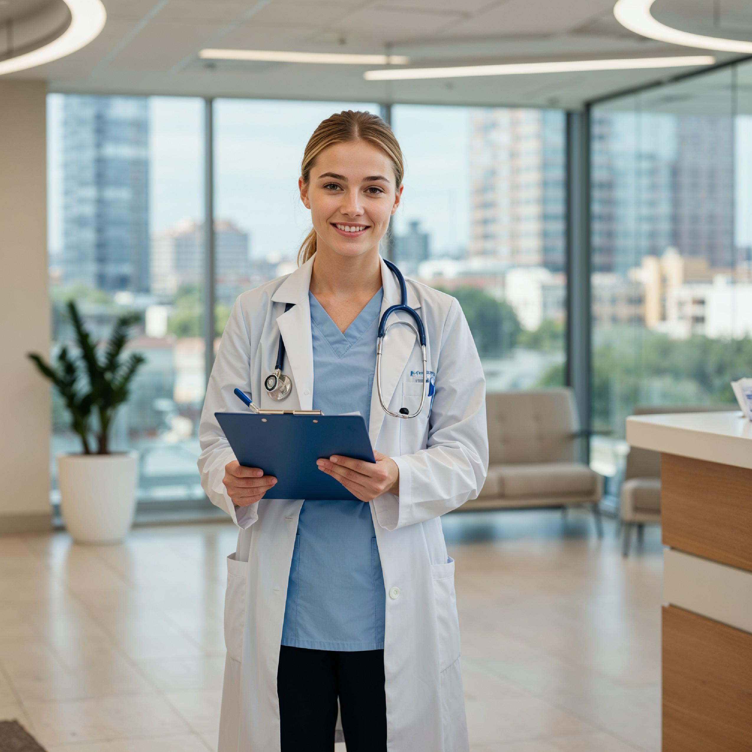 Young Female Doctor in Modern Hospital Wearing Medical Scrubs and Lab Coat Portrait